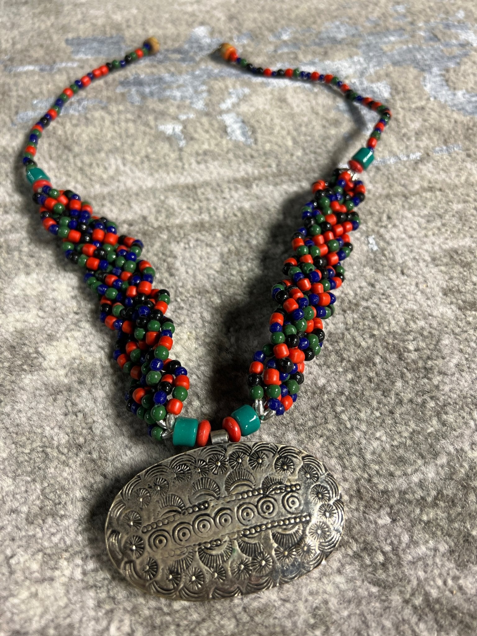 Nahla Red and Green with Large Pendant Handmade Short Moroccan Necklace | Banana Manor Rug Company