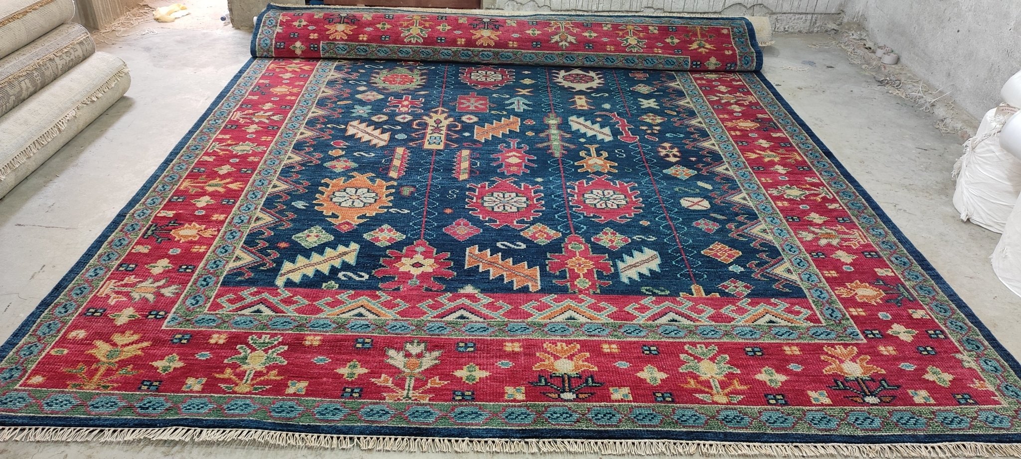 Nan Kempner 9.9x13.9 Blue and Red Hand-Knotted Oushak Rug | Banana Manor Rug Company