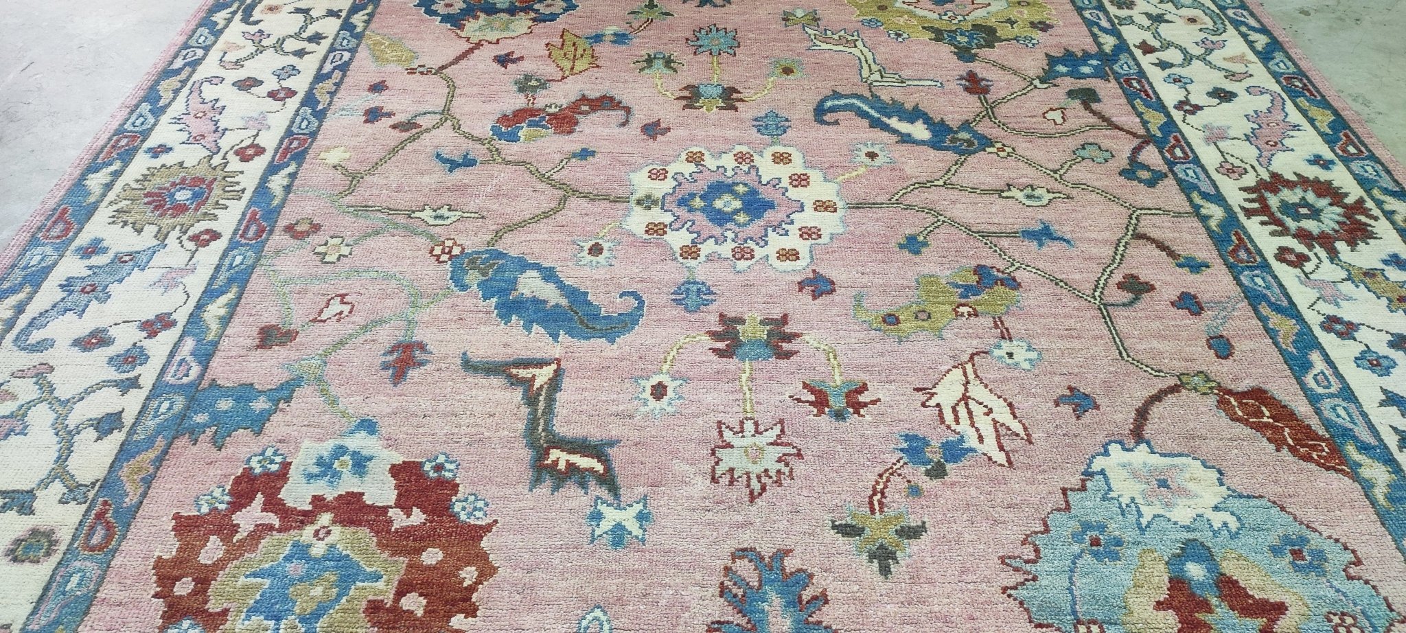 Natasha Stefanenko Hand-Knotted Oushak Rug Pink and Ivory 9x12.3 | Banana Manor Rug Company