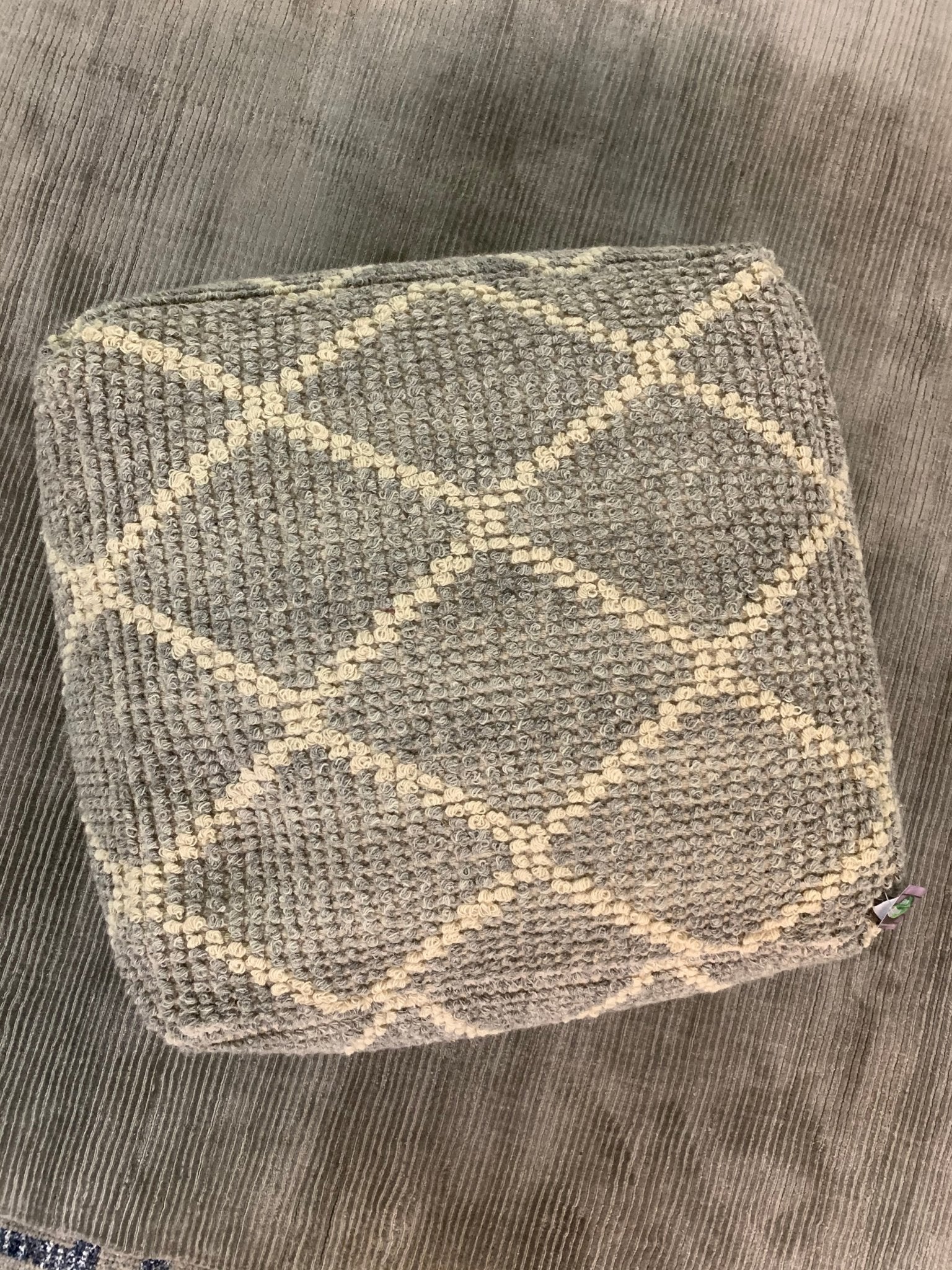 Neutral Diamond Handwoven Wool Loop Top Design Pouffe | Banana Manor Rug Company