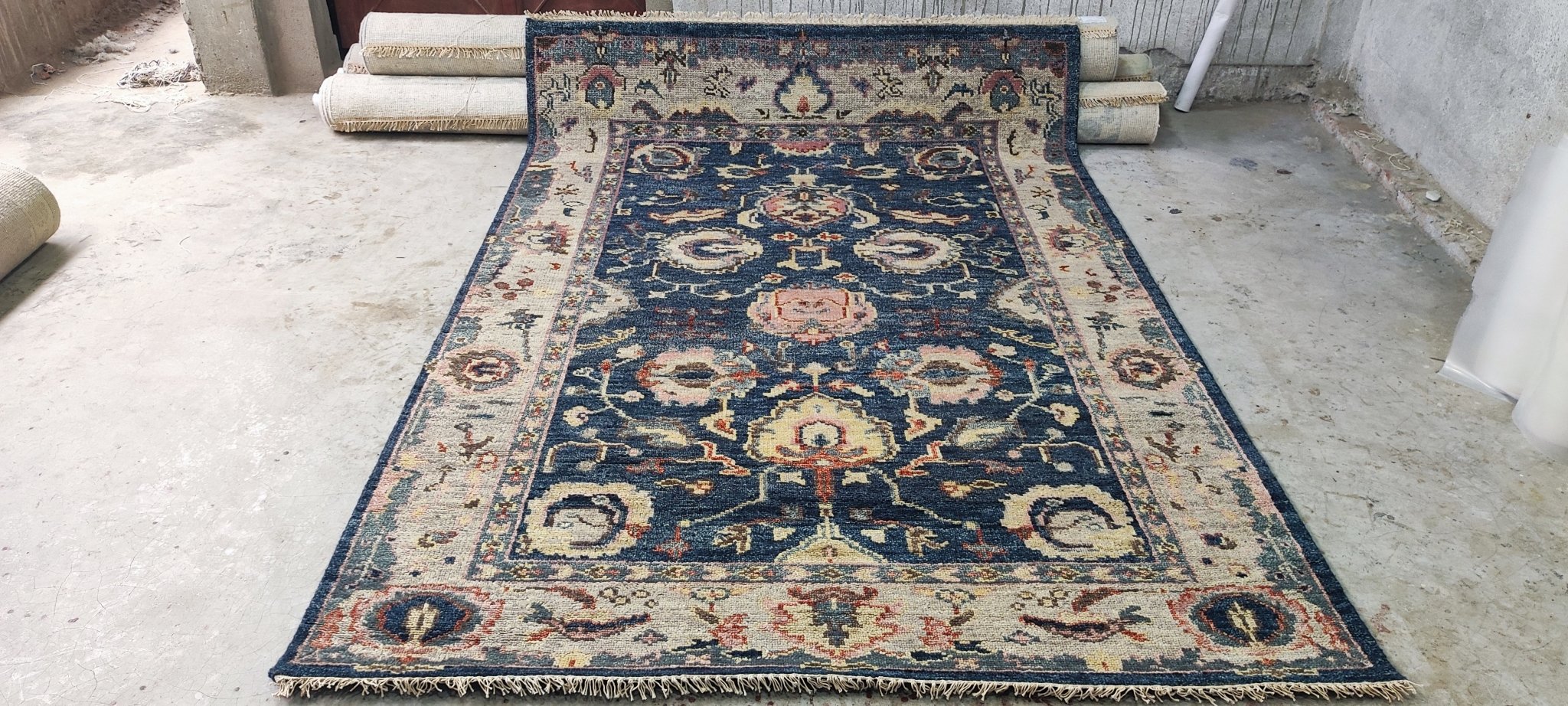 Nina Magon Dark Blue and Tan Hand-Knotted Oushak Rug 6x8.9 | Banana Manor Rug Company