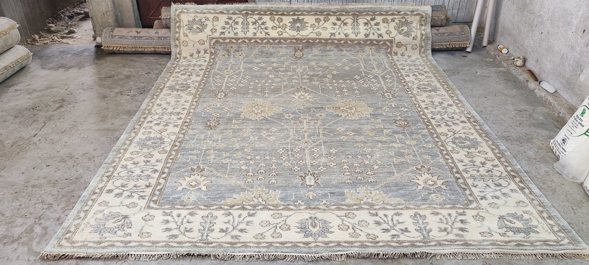 Noxolo Mathula Hand-Knotted Oushak Rug Grey and Ivory 8x10 | Banana Manor Rug Company