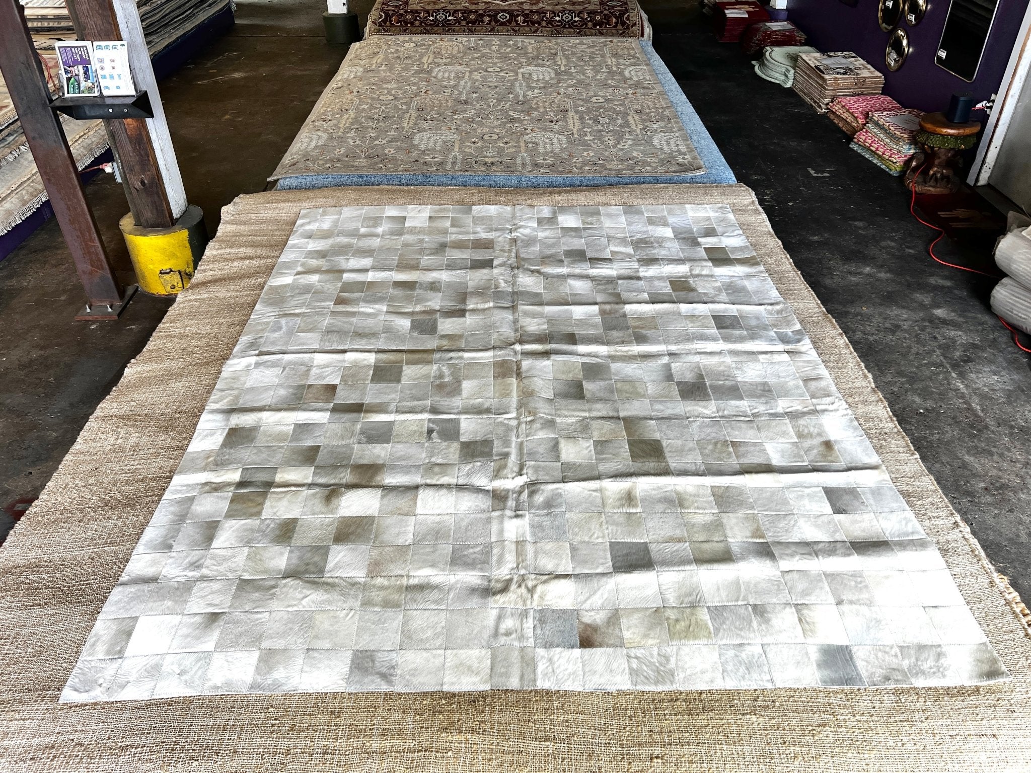 Off White and Grey 6.7x9.2 Patched Cowhide Rug | Banana Manor Rug Company