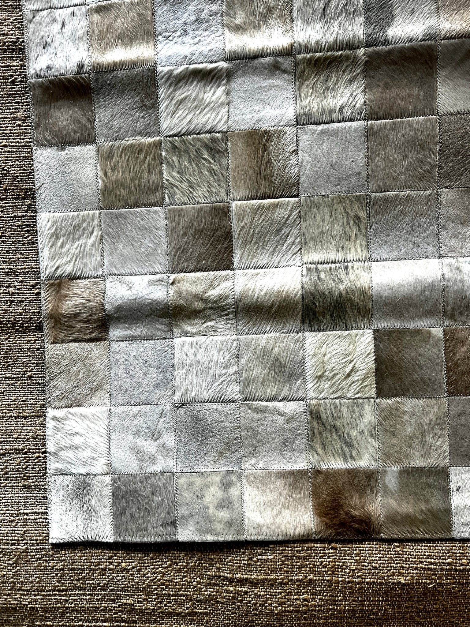 Off White and Tan Patched 6.7x9.2 Cowhide Rug | Banana Manor Rug Company