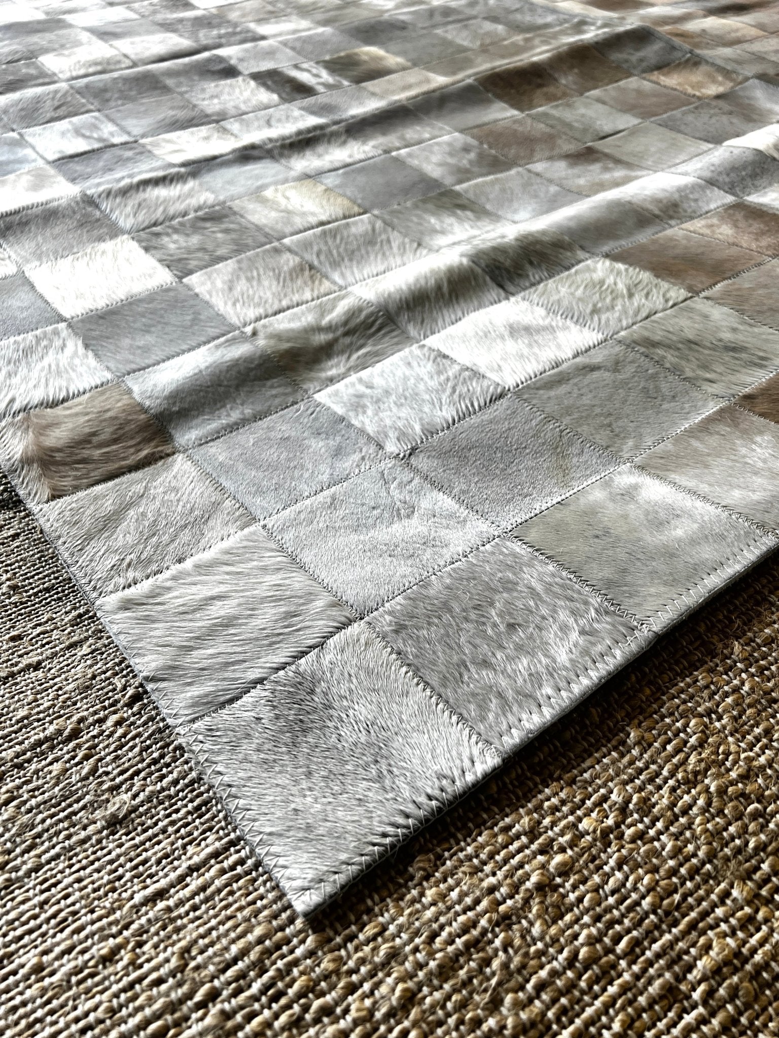 Off White and Tan Patched 6.7x9.2 Cowhide Rug | Banana Manor Rug Company
