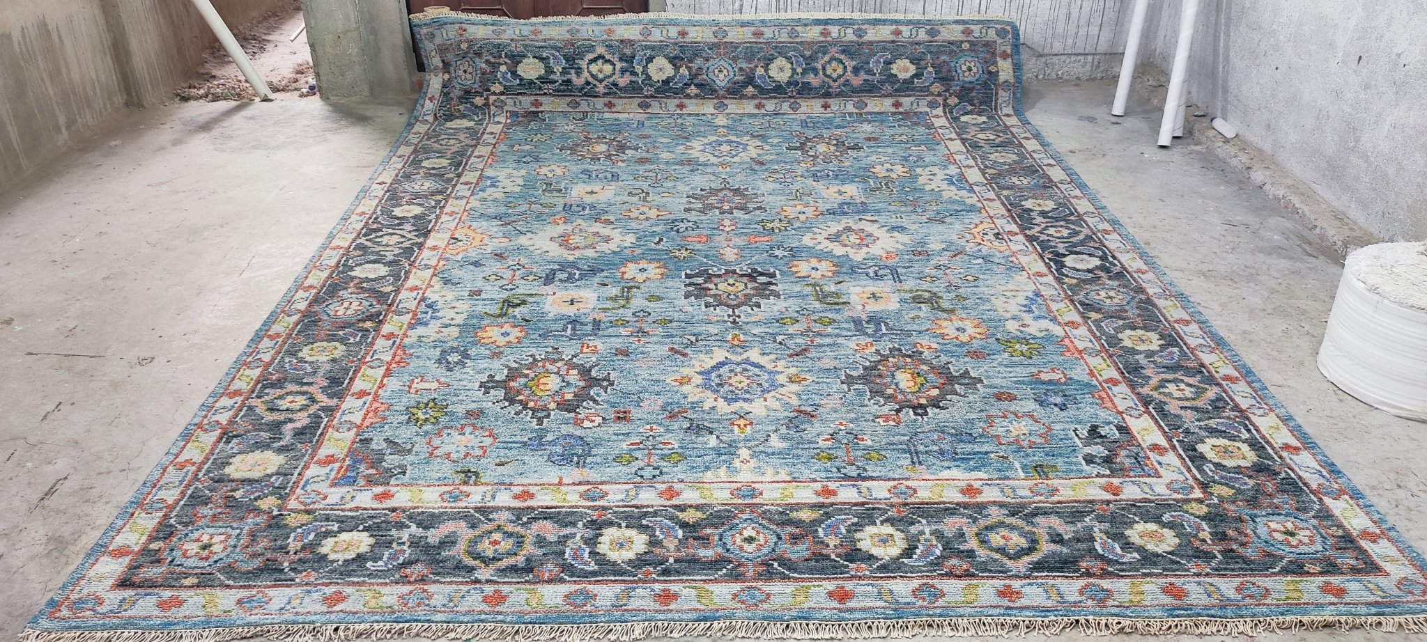 Oksana Akanshina Hand-Knotted Oushak Rug Light Blue and Dark Grey 9x12 | Banana Manor Rug Company