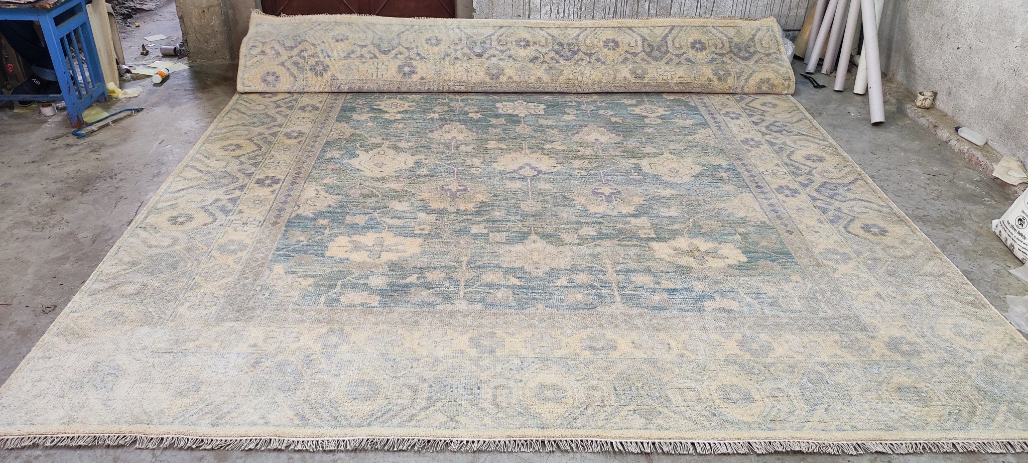 Olga Antonova Hand-Knotted Oushak Rug Aqua and Silver 10x14 | Banana Manor Rug Company