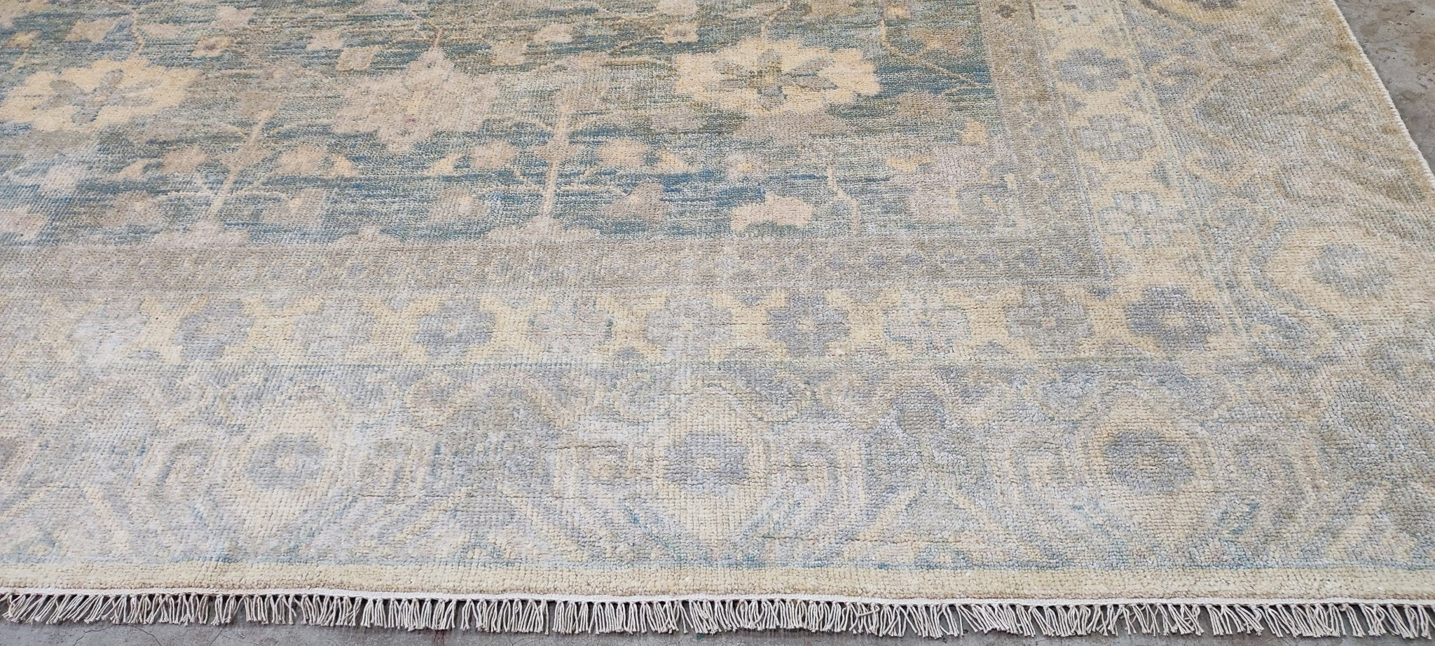 Olga Antonova Hand-Knotted Oushak Rug Aqua and Silver 10x14 | Banana Manor Rug Company