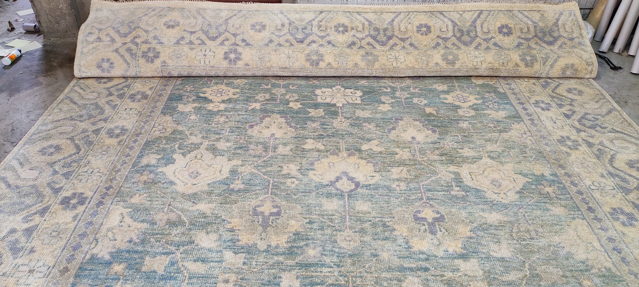 Olga Antonova Hand-Knotted Oushak Rug Aqua and Silver 10x14 | Banana Manor Rug Company