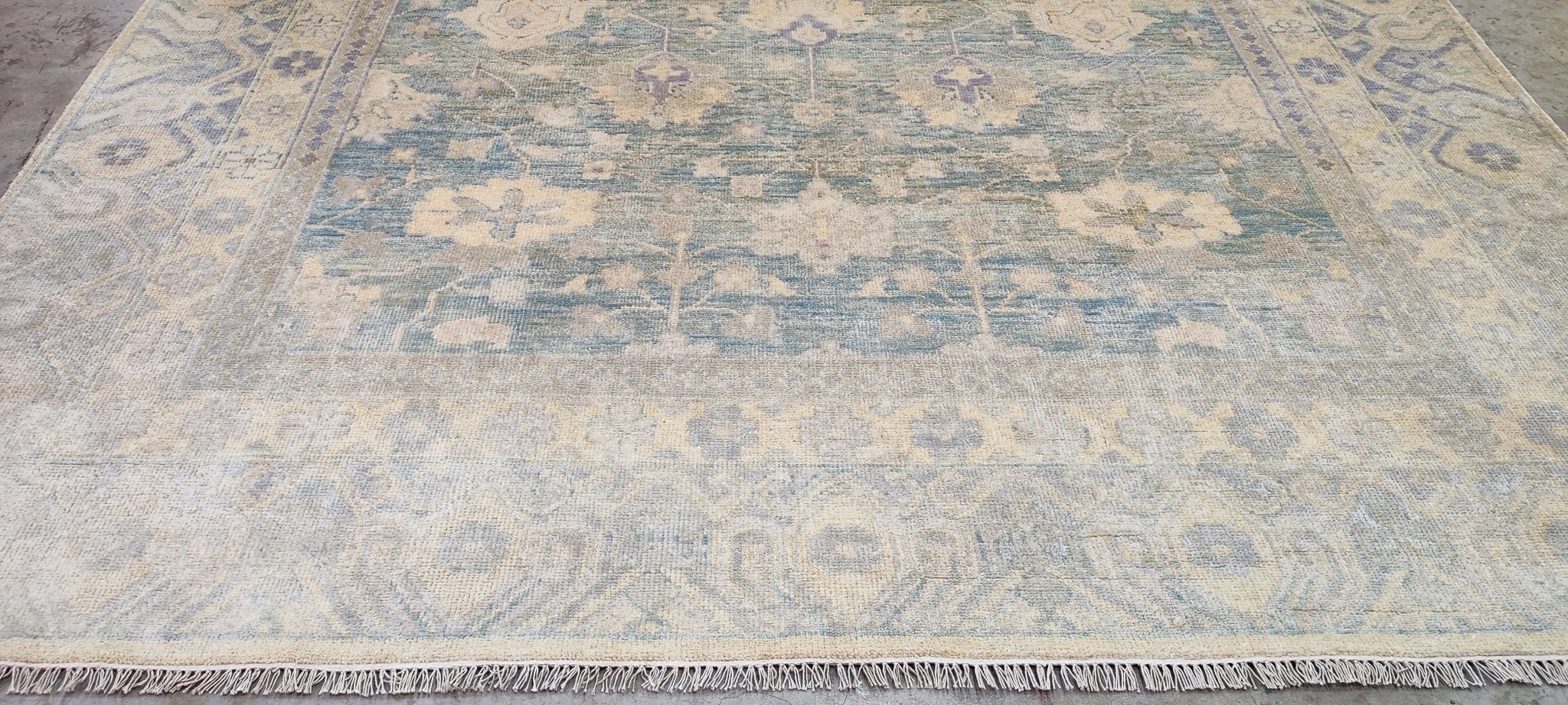 Olga Antonova Hand-Knotted Oushak Rug Aqua and Silver 10x14 | Banana Manor Rug Company