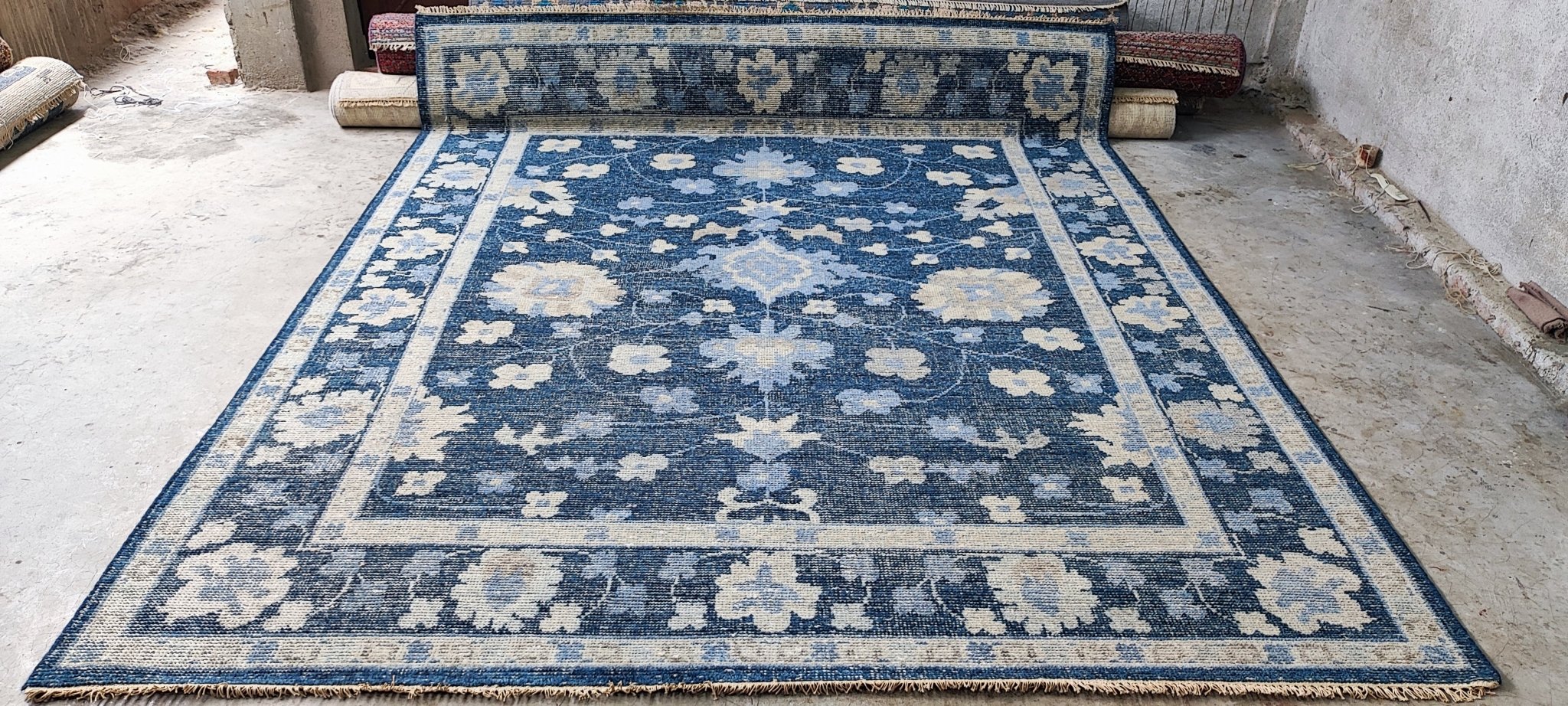 Ophelia Flame 8x10 Hand Knotted Blue Oushak | Banana Manor Rug Factory Outlet