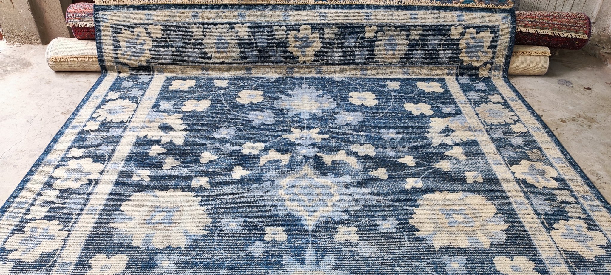 Ophelia Flame 8x10 Hand Knotted Blue Oushak | Banana Manor Rug Factory Outlet