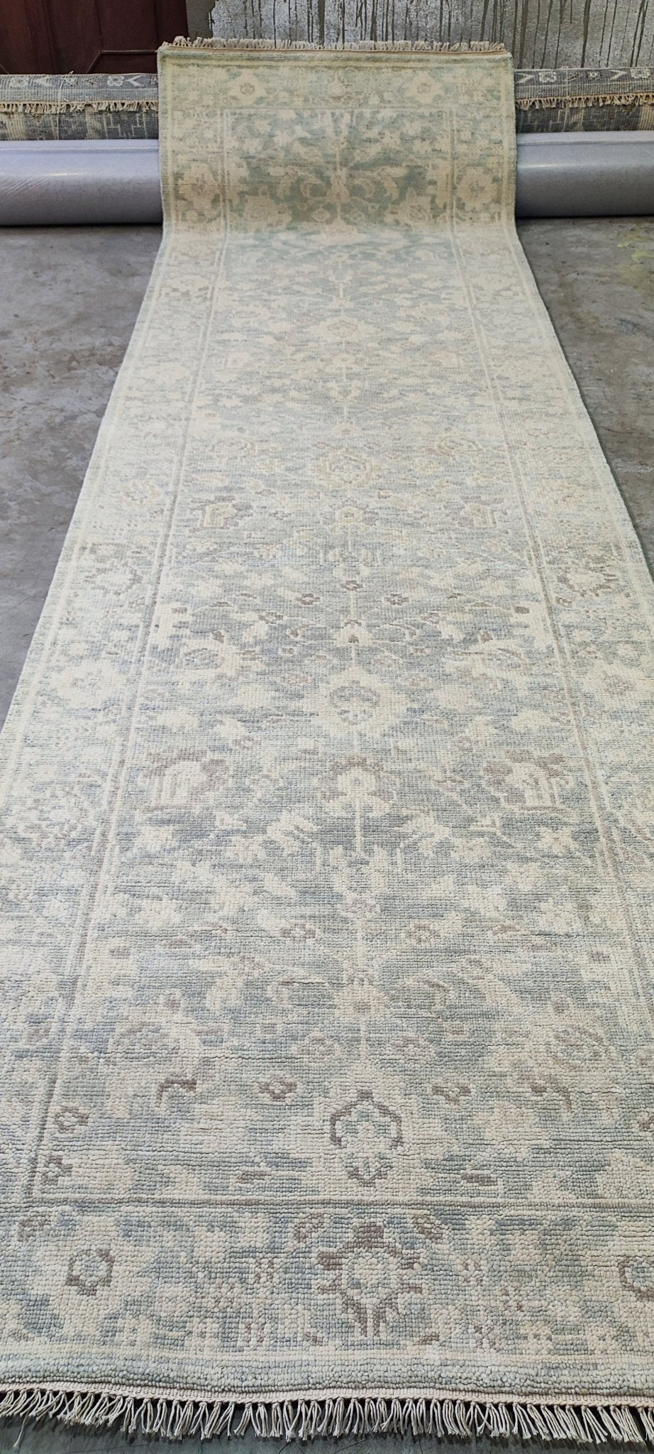 Pazienza 3.9x12.6 Light Green & Ivory Oushak | Banana Manor Rug Factory Outlet