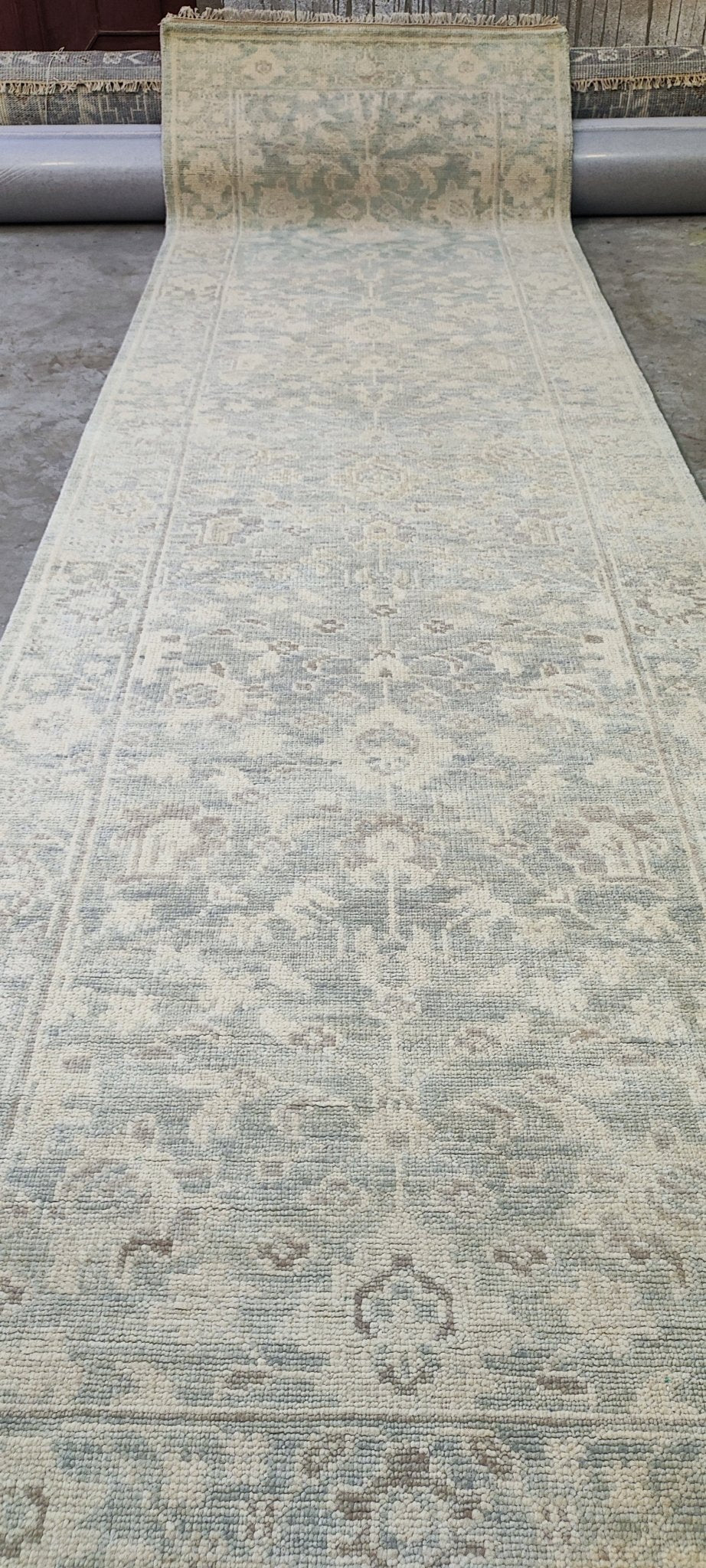 Pazienza 3.9x12.6 Light Green & Ivory Oushak | Banana Manor Rug Factory Outlet