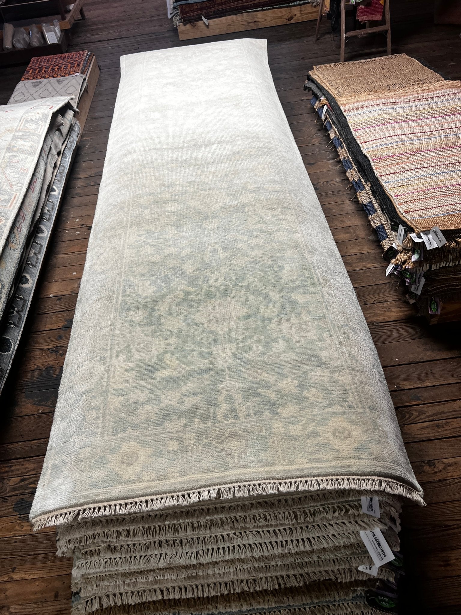 Pazienza 3.9x12.6 Light Green & Ivory Oushak Runner | Banana Manor Rug Factory Outlet