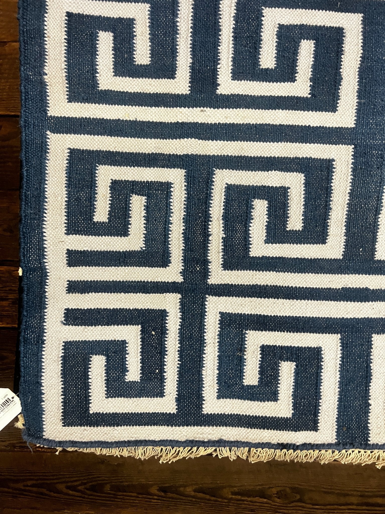 PeeWee 5.3x7.9 Ivory and Blue Geometric Greek Key Durrie Rug | Banana Manor Rug Company