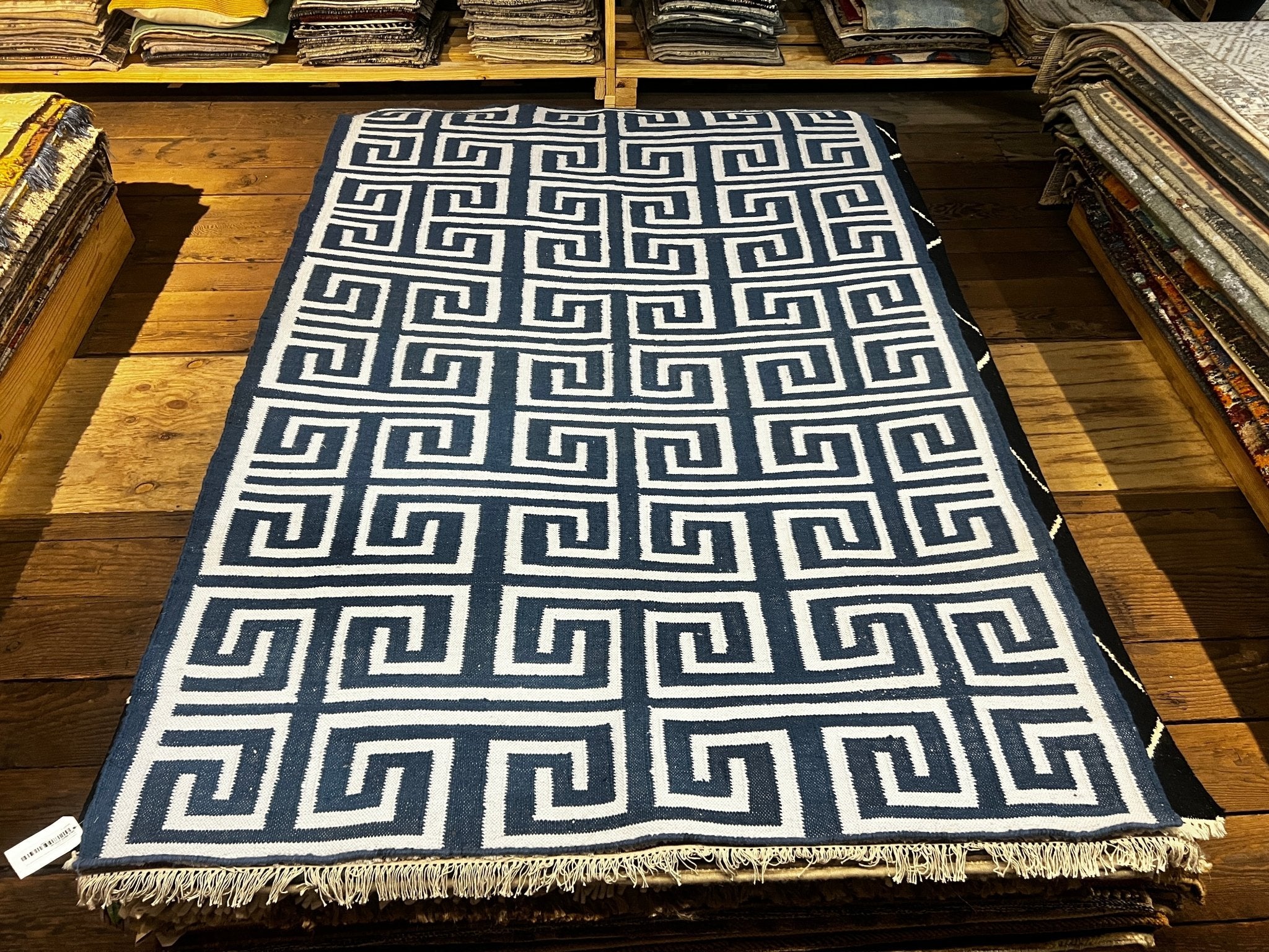 PeeWee 5.3x7.9 Ivory and Blue Geometric Greek Key Durrie Rug | Banana Manor Rug Company