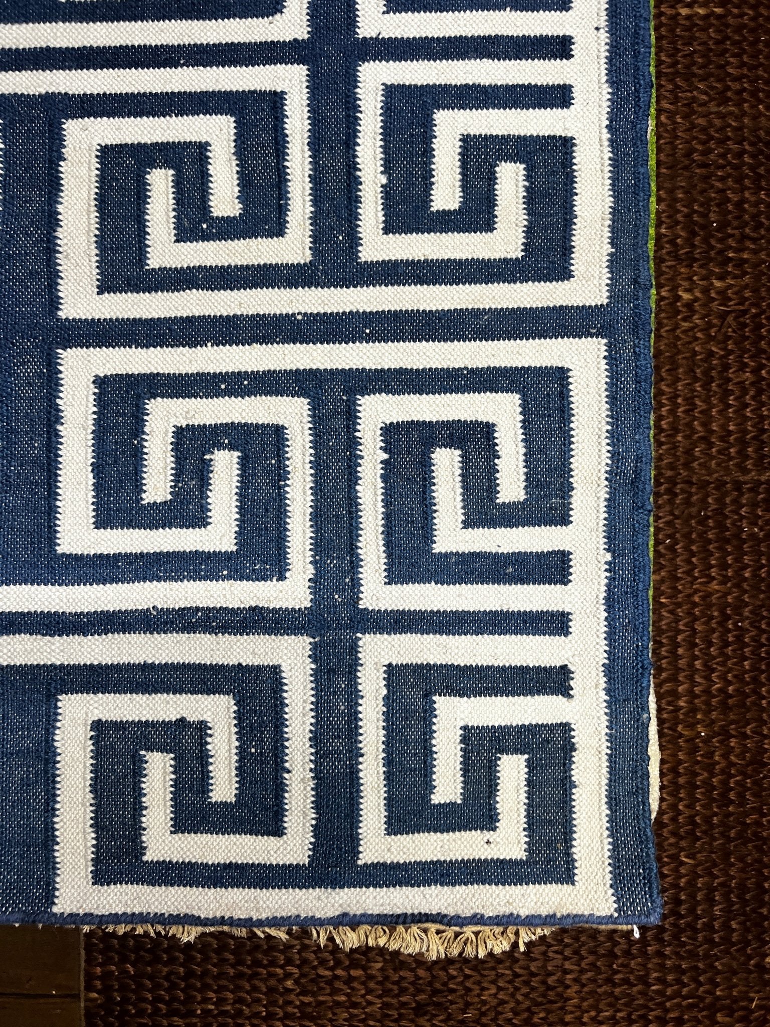 PeeWee 5.3x7.9 Ivory and Blue Geometric Greek Key Durrie Rug | Banana Manor Rug Company