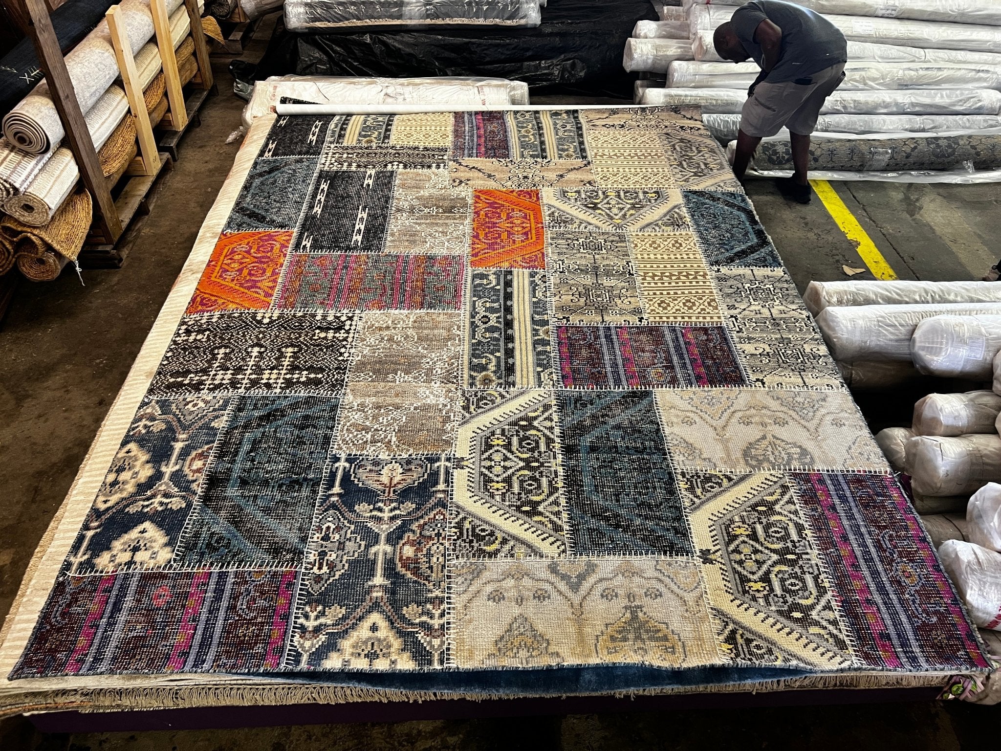 Peony 8.9x12 Blue and Grey Hand-Knotted Oushak Patchwork Rug | Banana Manor Rug Company