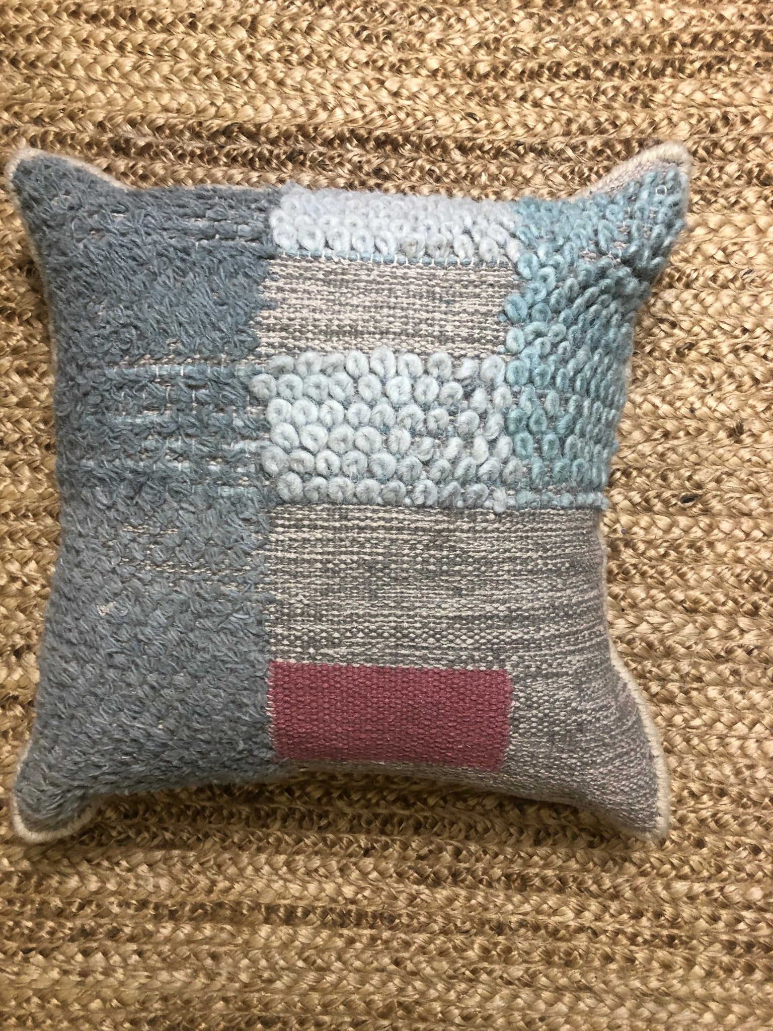 Polly Sprocket Blue, Grey, Pink, and Teal Handwoven Pillow | Banana Manor Rug Company