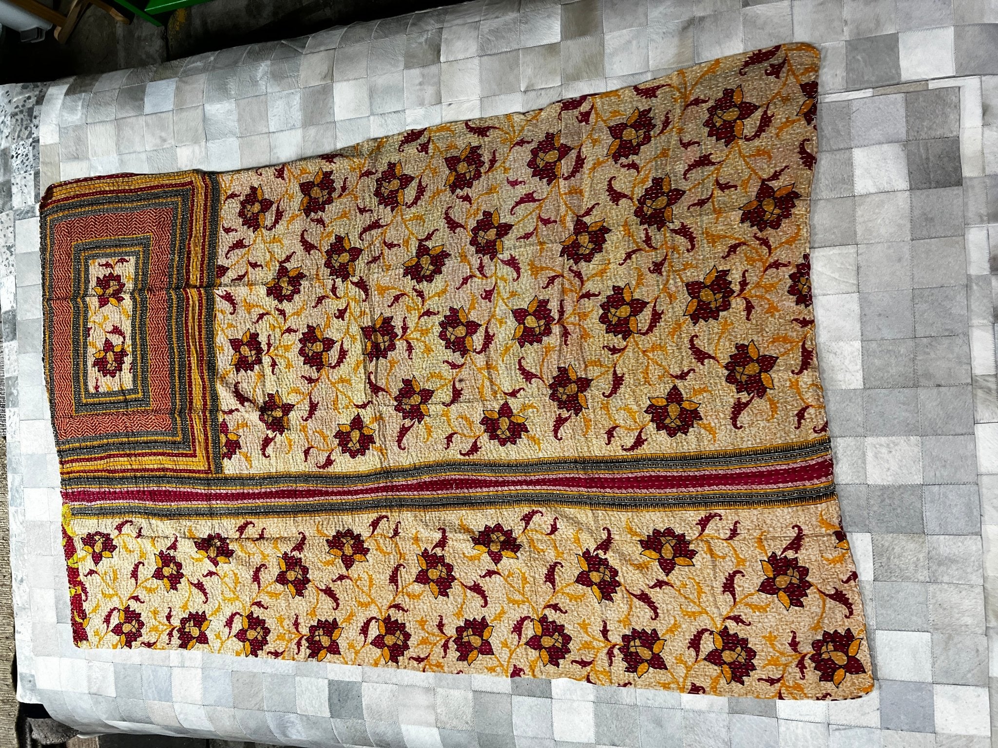 Quality Kantha One-of-a-Kind Reversible Recycled Cotton 54"x83" Throw/Quilt/Tablecloth (14s) | Banana Manor Rug Company
