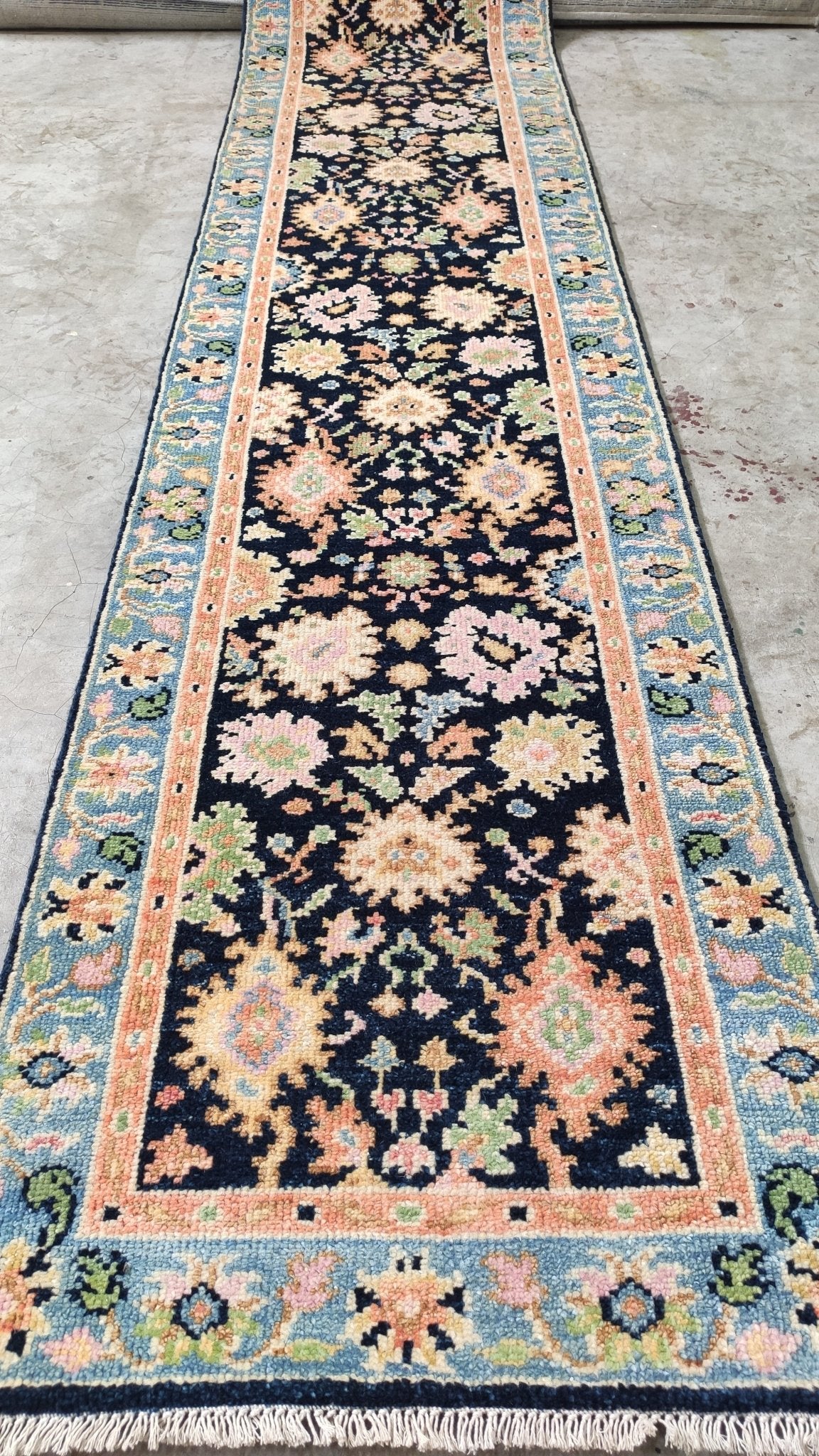 Rachel Nichol 2.6x11.9 Dark Blue Hand-Knotted Oushak Runner | Banana Manor Rug Company