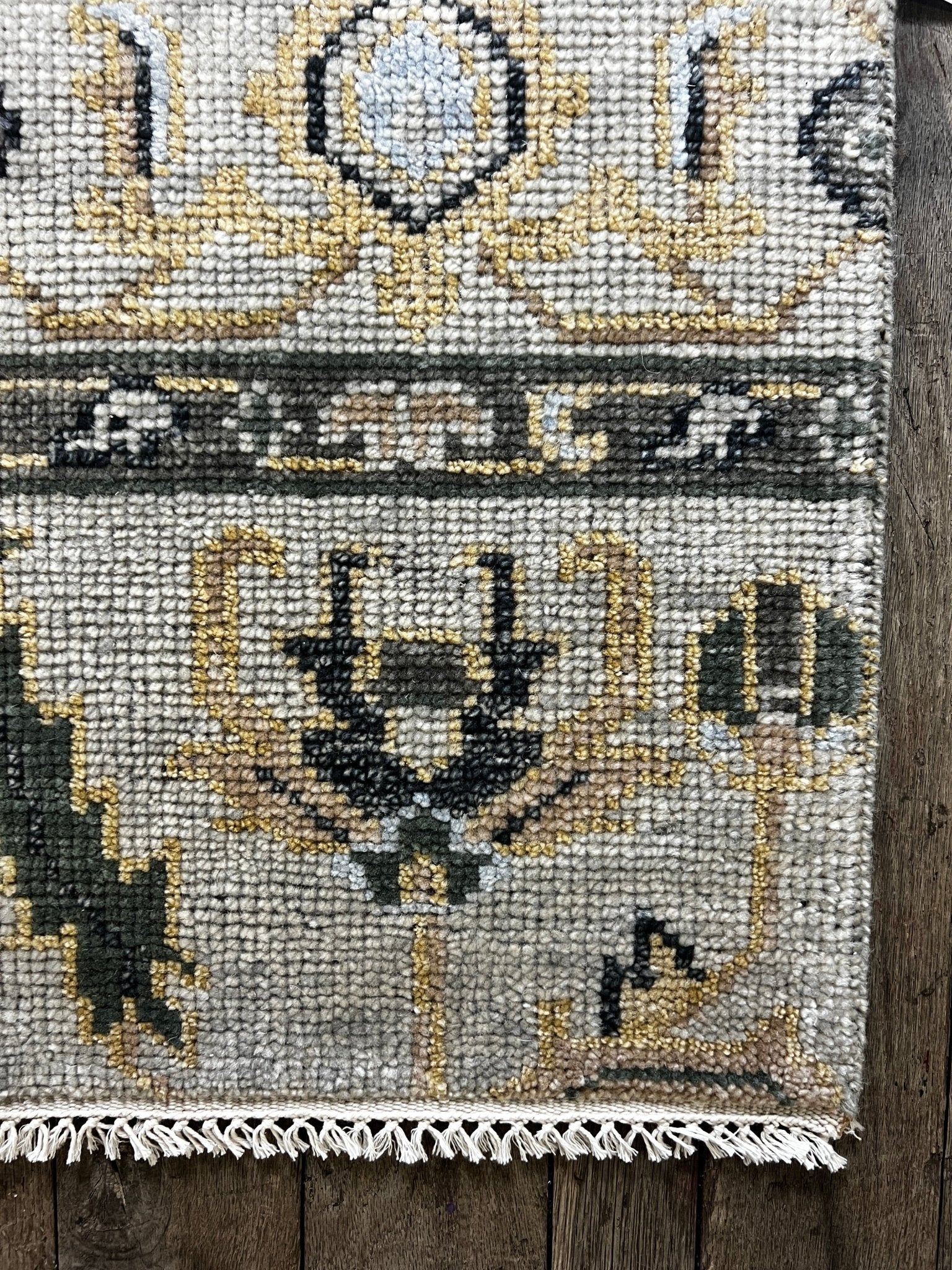 "Roos" Green and Gold Hand-Knotted Oushak Sample 8x10 | Banana Manor Rug Company
