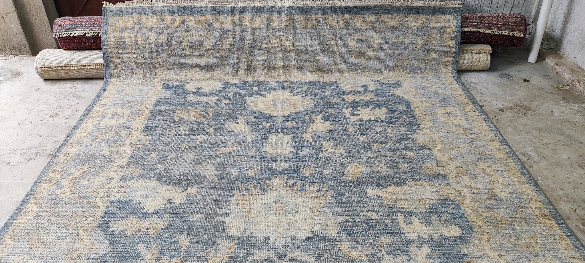 Roxi D'lite 7.9x10 Hand Knotted Blue & Tan Oushak | Banana Manor Rug Factory Outlet