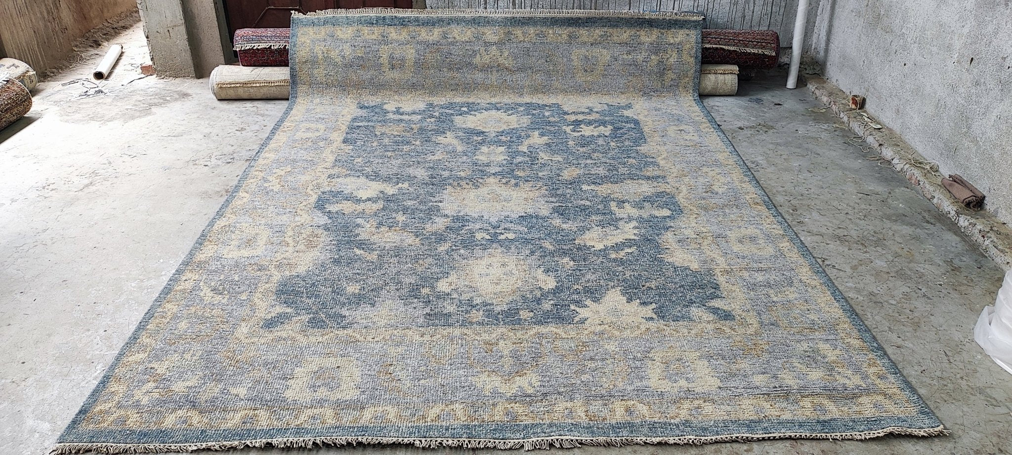 Roxi D'lite 7.9x10 Hand Knotted Blue & Tan Oushak | Banana Manor Rug Factory Outlet