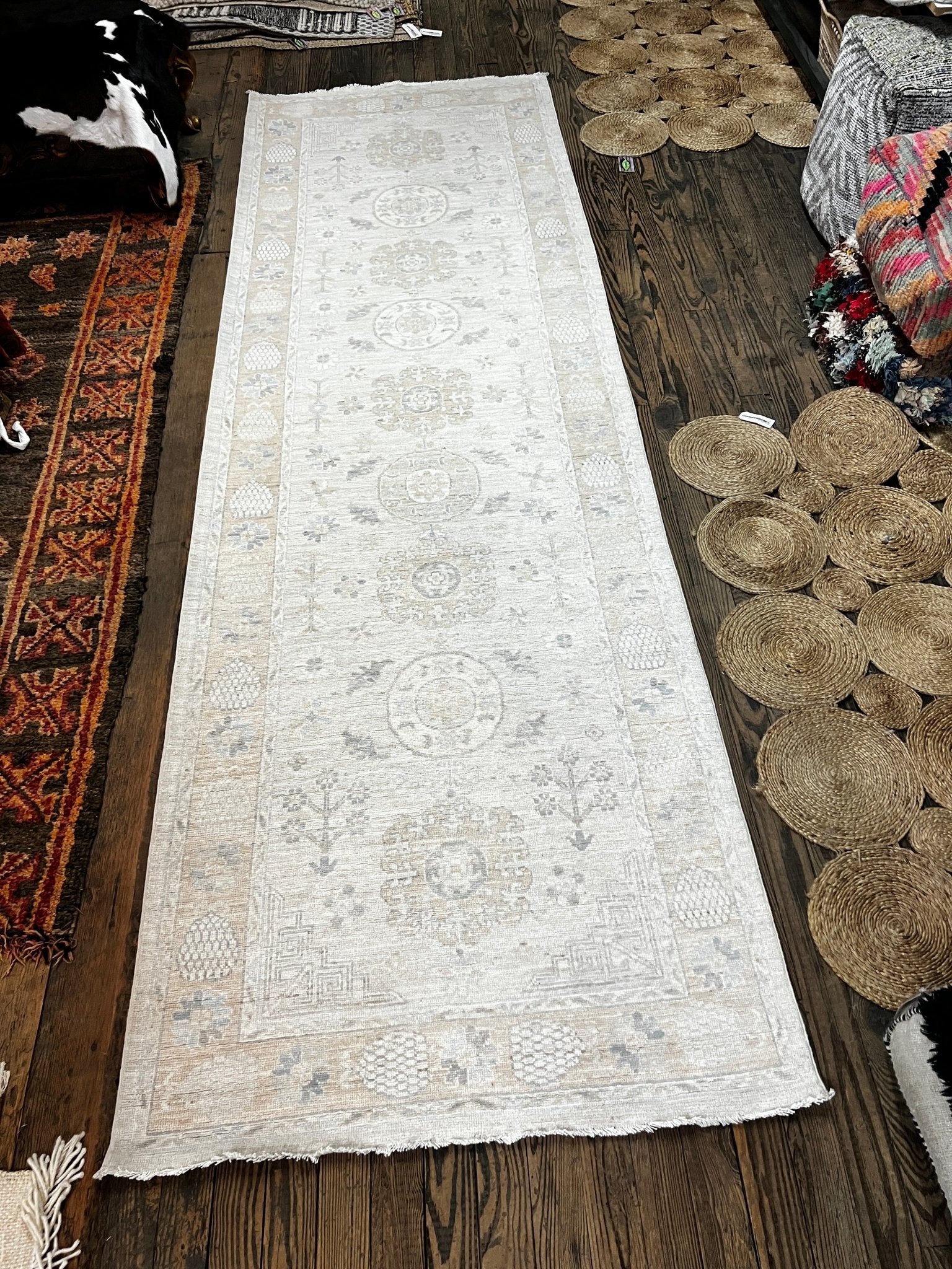 Saba Sahar Afghani Whitewashed Oushak Runner 3.8x12 | Banana Manor Rug Company