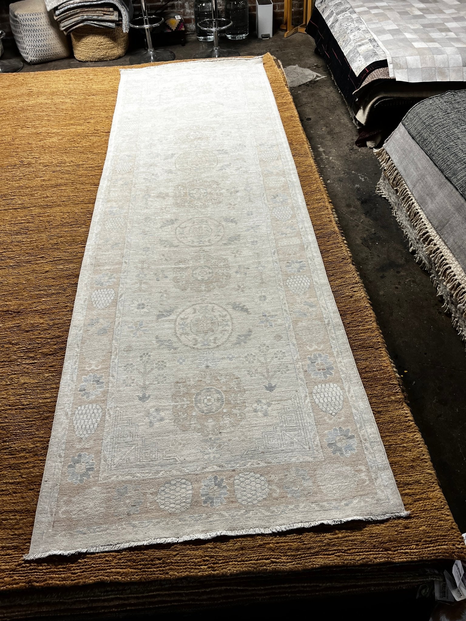 Saba Sahar Afghani Whitewashed Oushak Runner 3.8x12 | Banana Manor Rug Company