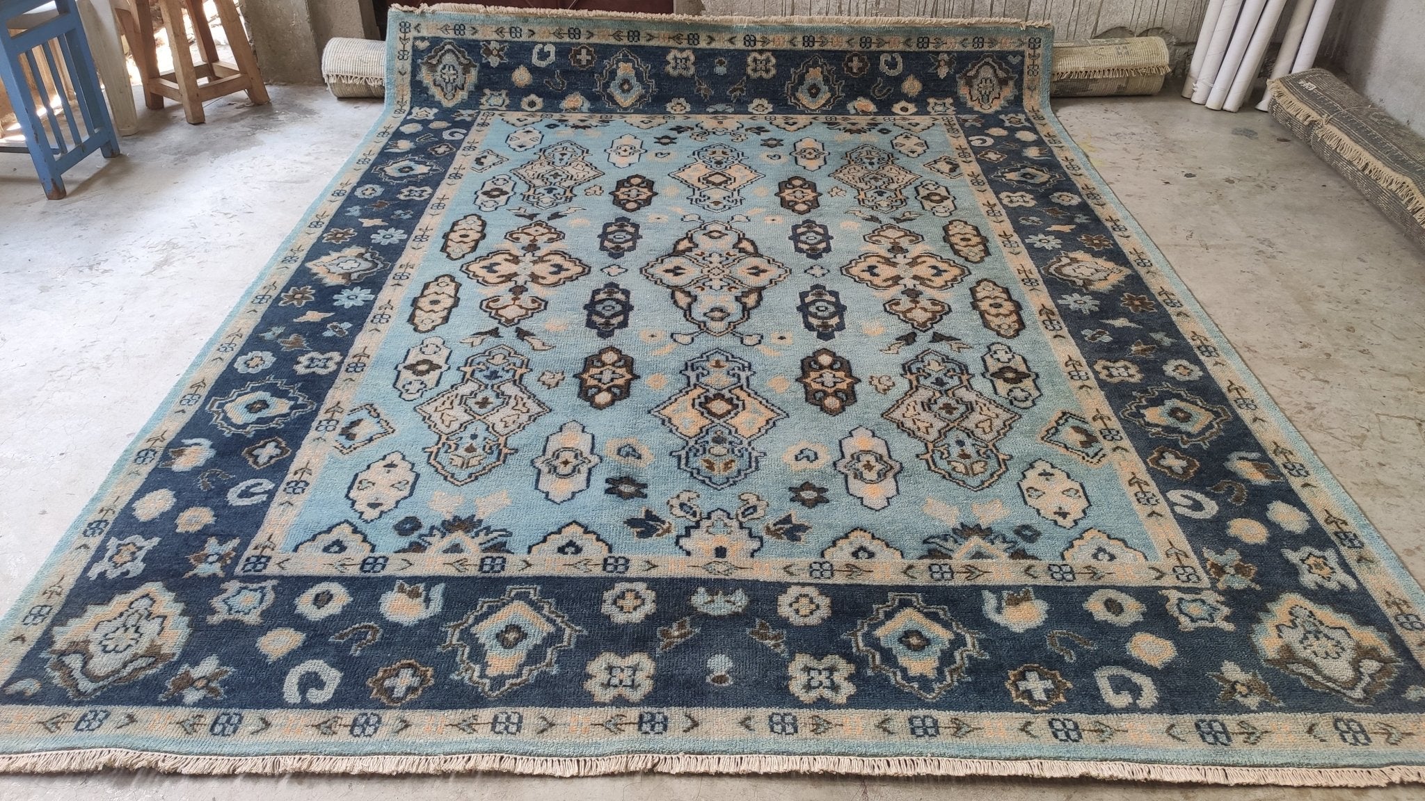 Shelley Winters 8x10.3 Light Blue and Blue Hand-Knotted Oushak Rug | Banana Manor Rug Company