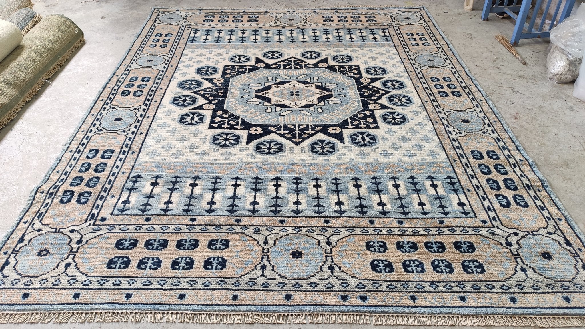 Sophie 8x10 Light Blue and Ivory Hand-Knotted Oushak Rug | Banana Manor Rug Company