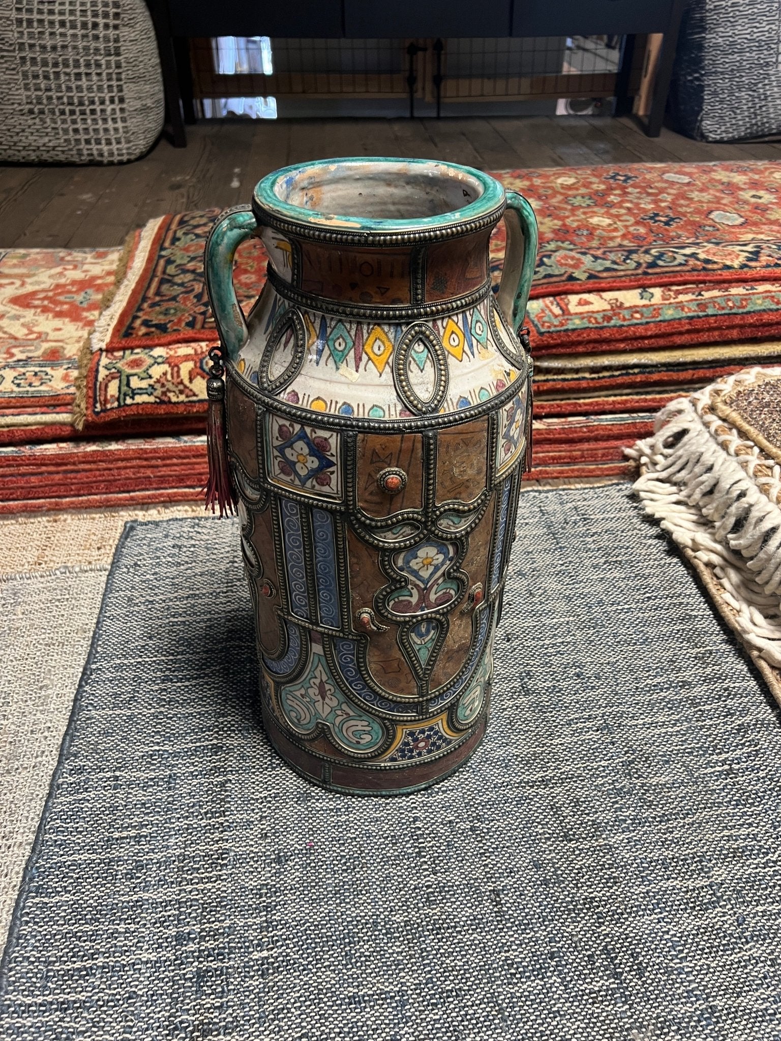 Soraya Moroccan Ceramic & Leather Vase | Banana Manor Rug Company