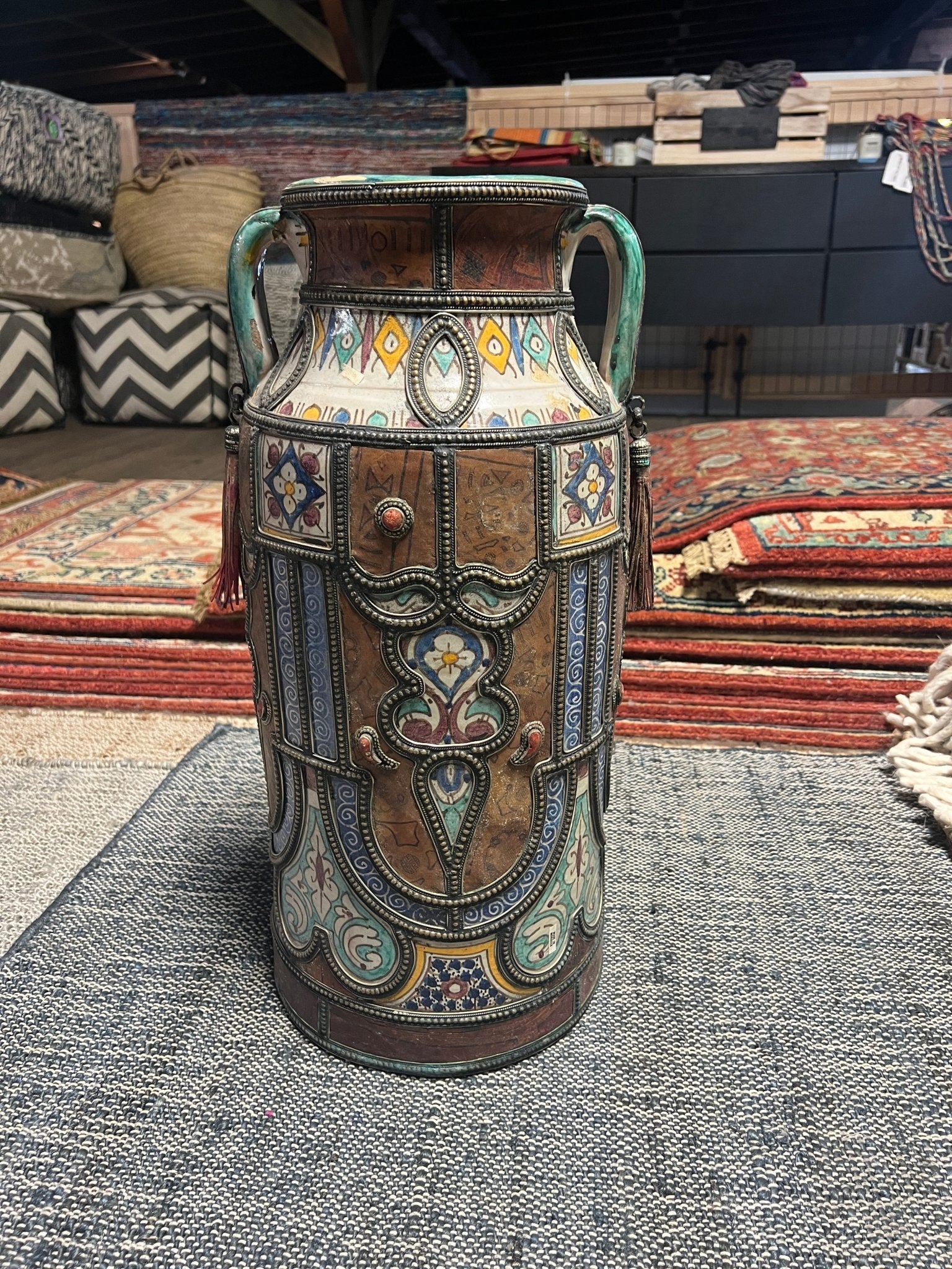 Soraya Moroccan Ceramic & Leather Vase | Banana Manor Rug Company