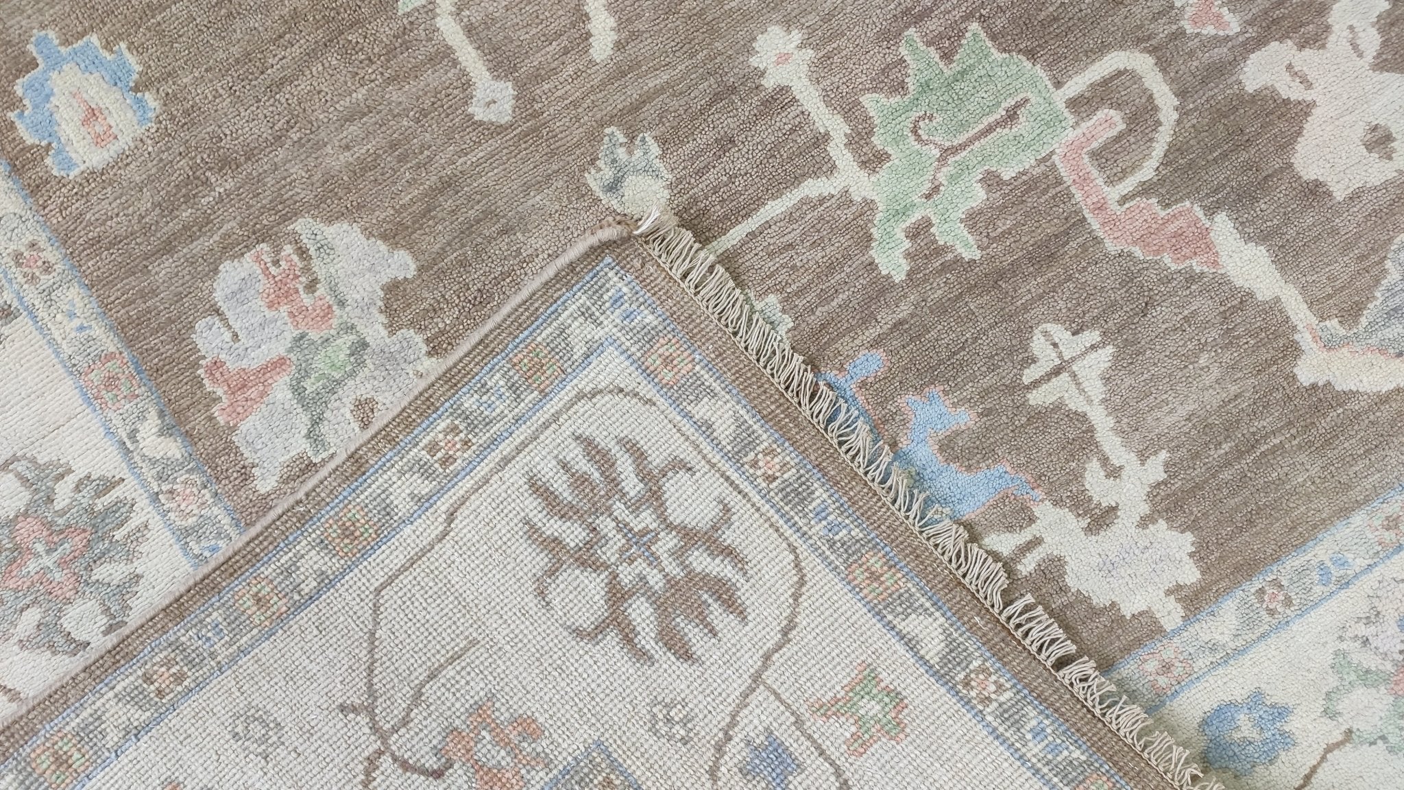 Susan Ross 8x9.9 Brown and Tan Hand-Knotted Oushak Rug | Banana Manor Rug Company