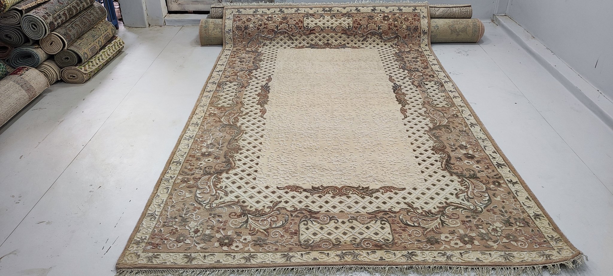 Ted 6.6x10.3 Hand-Knotted Ivory & Beige Embossed | Banana Manor Rug Factory Outlet