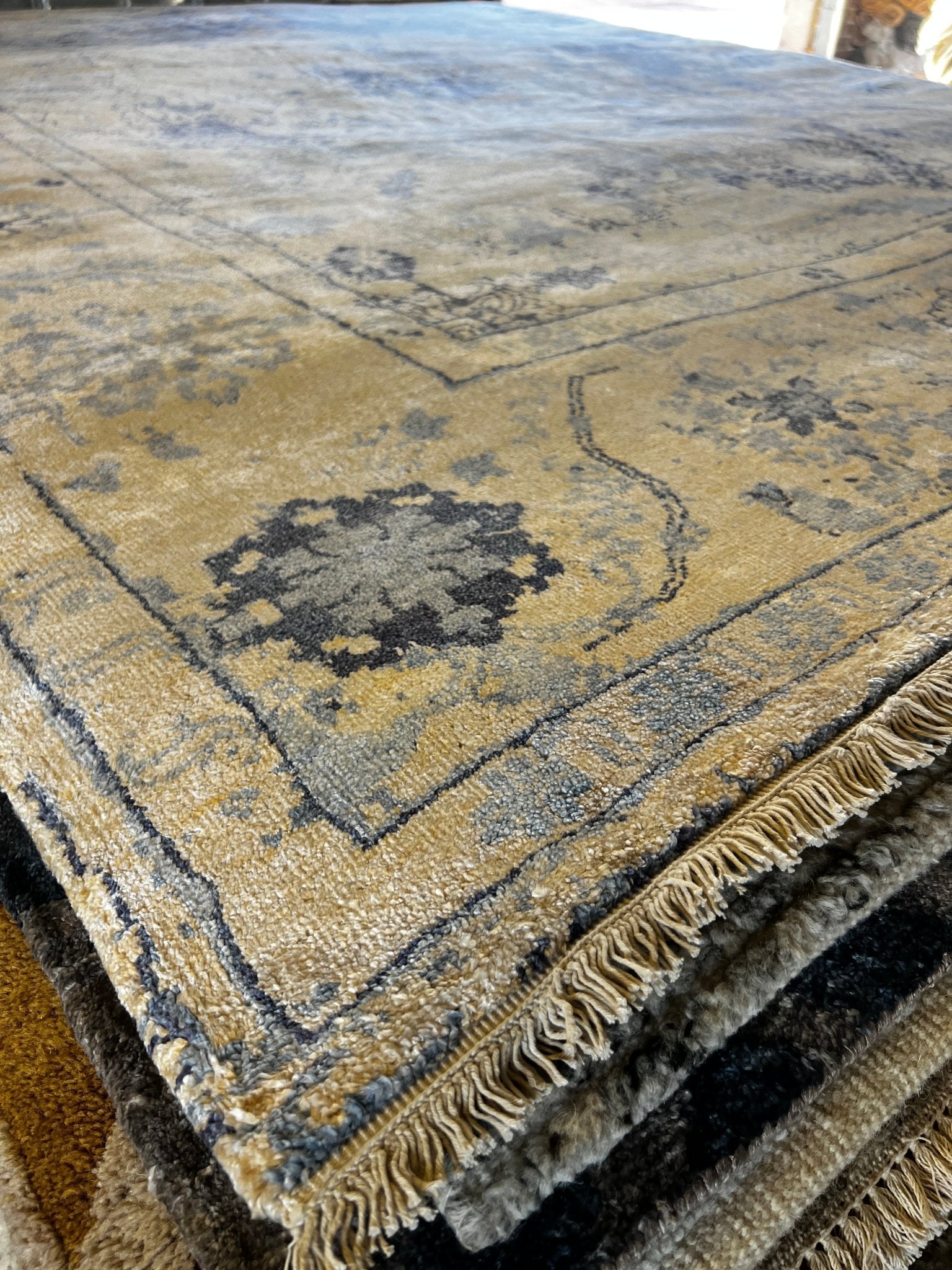 Terina 9x11.9 Blue Silver & Tan Erased Hand Knotted | Banana Manor Rug Factory Outlet