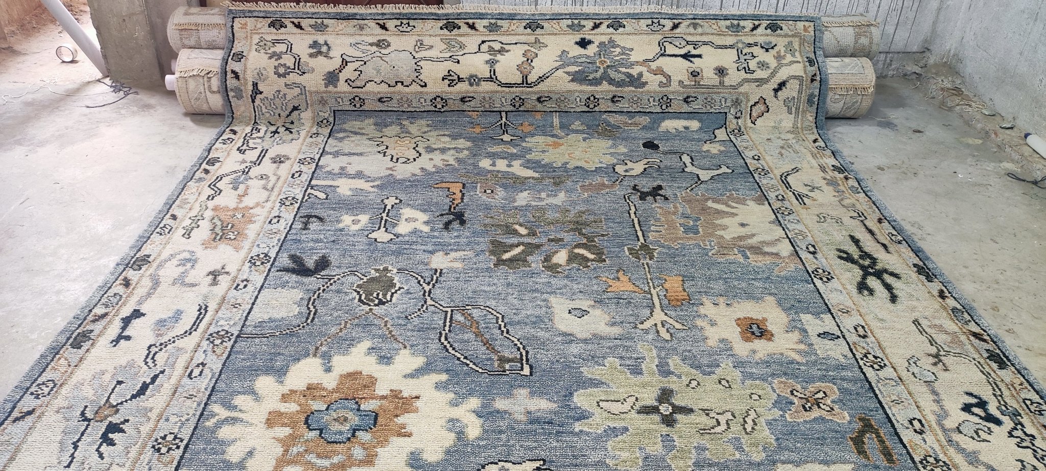 Viktoriya Isakova Hand-Knotted Oushak Rug Ivory and Light Blue 8.6x12 | Banana Manor Rug Company