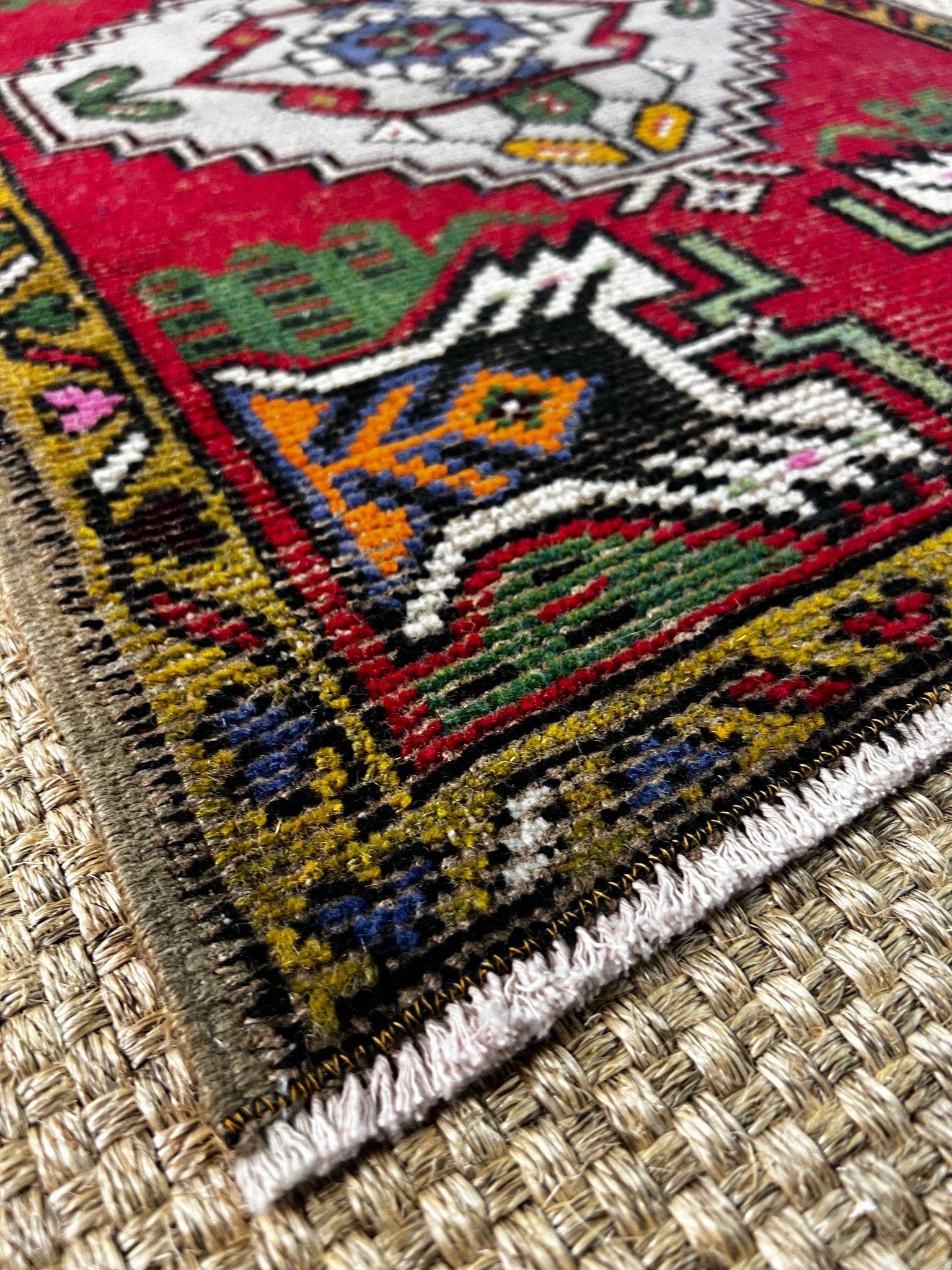 Vintage 1.10x3.1 Turkish Oushak Red and Gray Multicolor Small Rug | Banana Manor Rug Factory Outlet