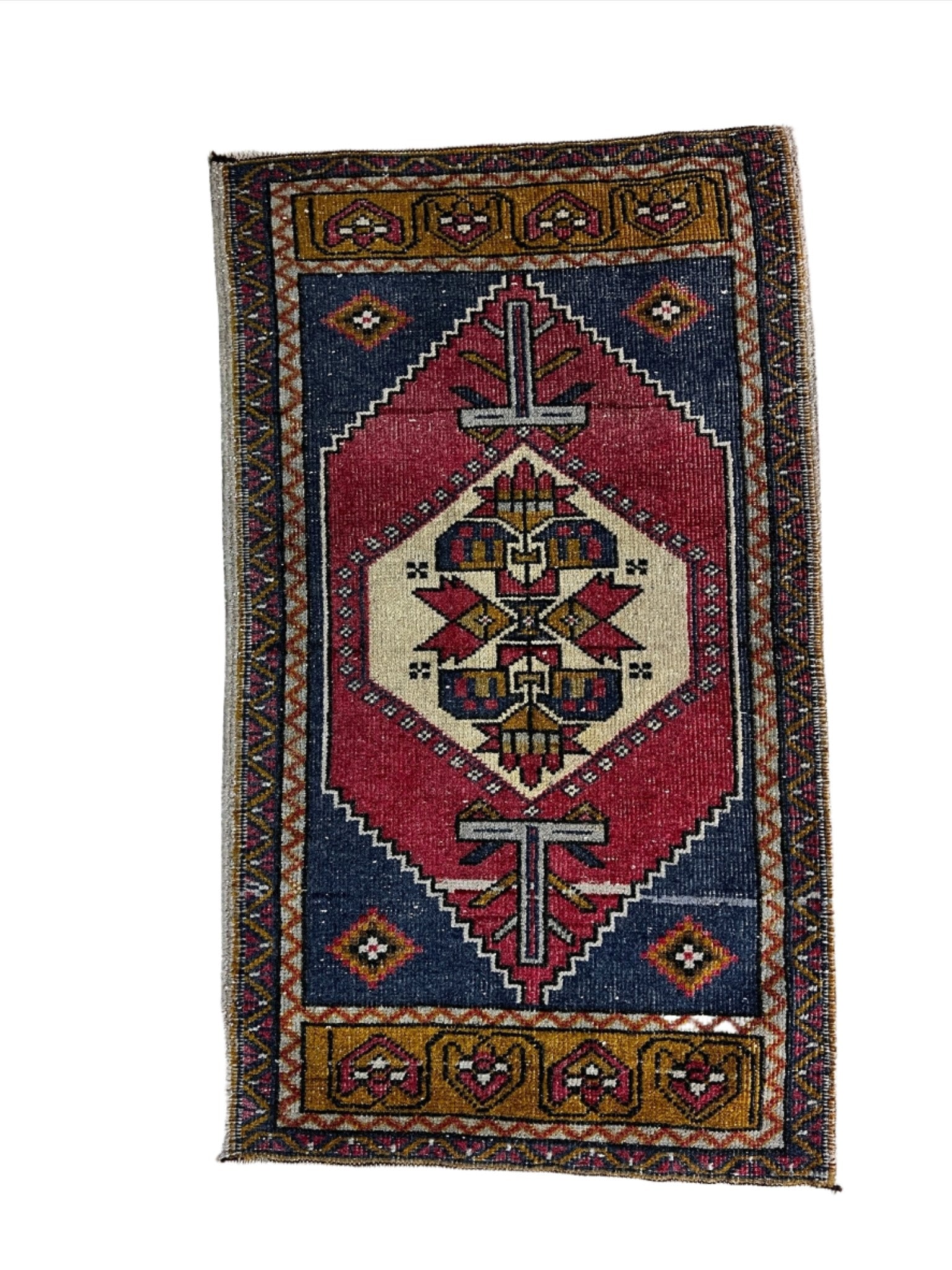 Vintage 1.10x3.2 Turkish Oushak Red and Navy Small Rug | Banana Manor Rug Factory Outlet