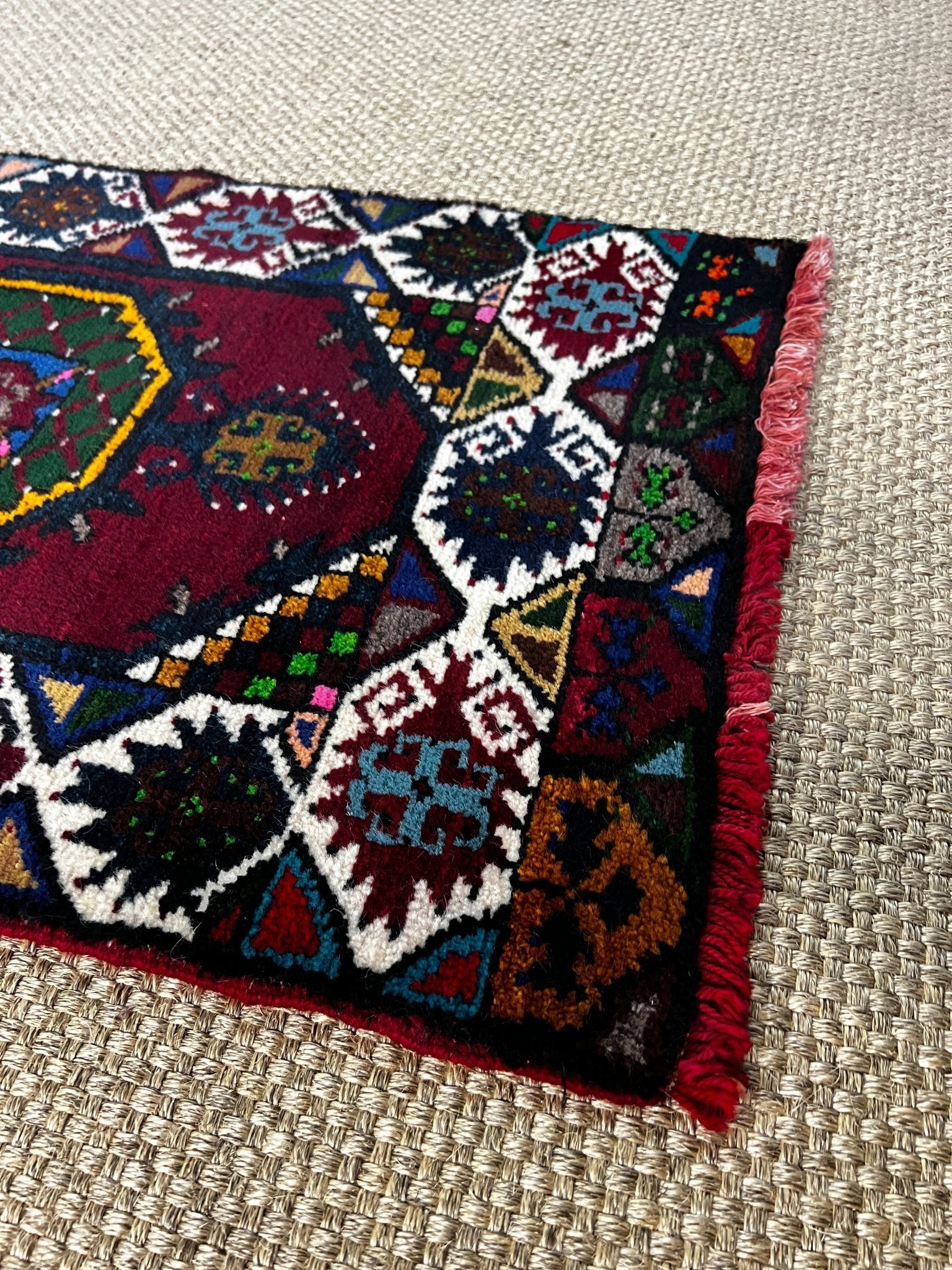 Vintage 1.10x3.4 Turkish Oushak Dark Red Multicolor Small Rug | Banana Manor Rug Factory Outlet