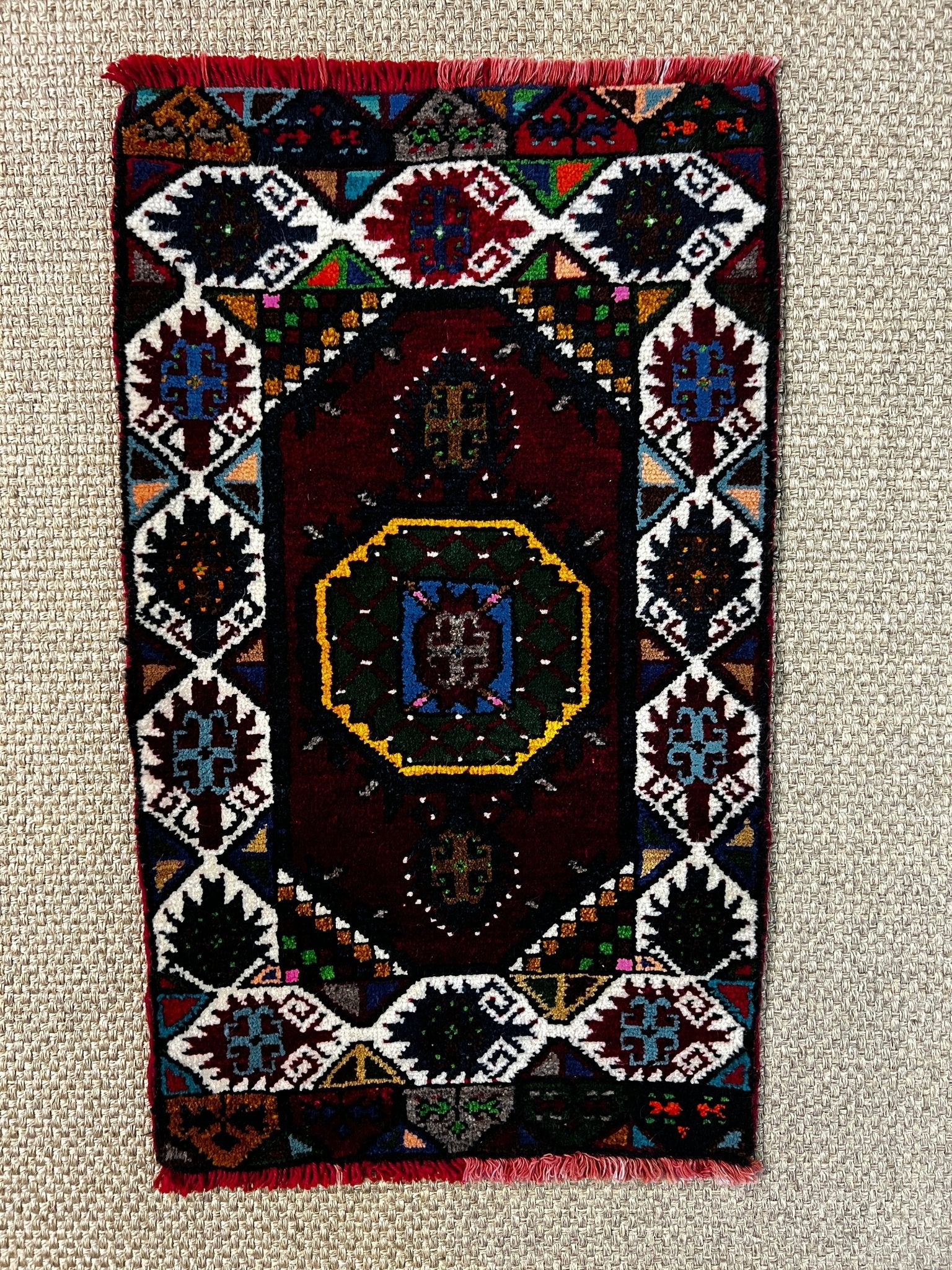 Vintage 1.10x3.4 Turkish Oushak Dark Red Multicolor Small Rug | Banana Manor Rug Factory Outlet