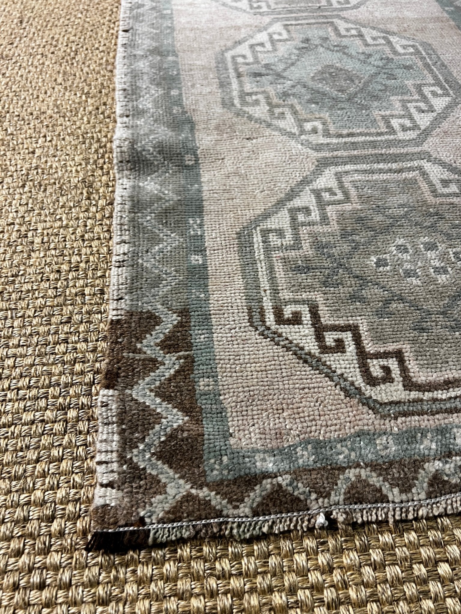Vintage 1.10x3.6 Turkish Oushak Light Pink and Green Small Rug | Banana Manor Rug Factory Outlet