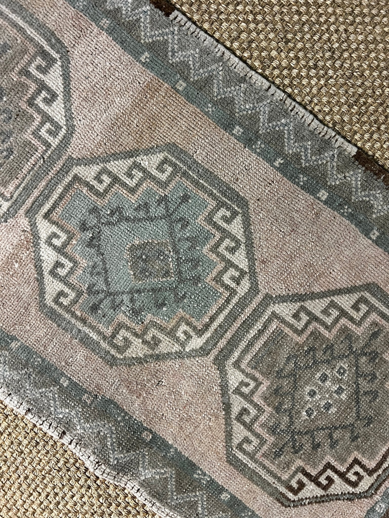 Vintage 1.10x3.6 Turkish Oushak Light Pink and Green Small Rug | Banana Manor Rug Factory Outlet