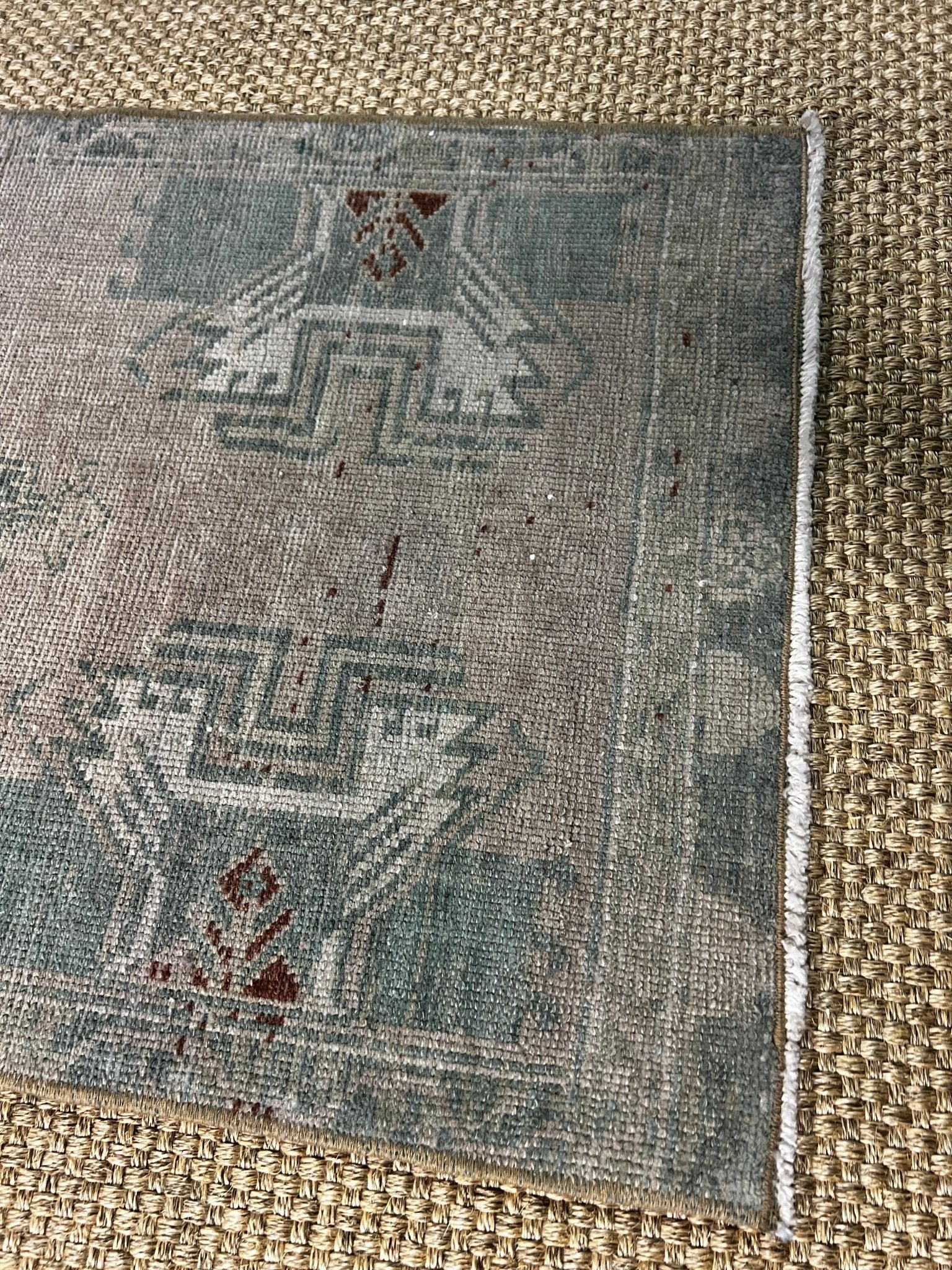 Vintage 1.10x4.2 Turkish Oushak Aqua and Beige Small Rug | Banana Manor Rug Factory Outlet