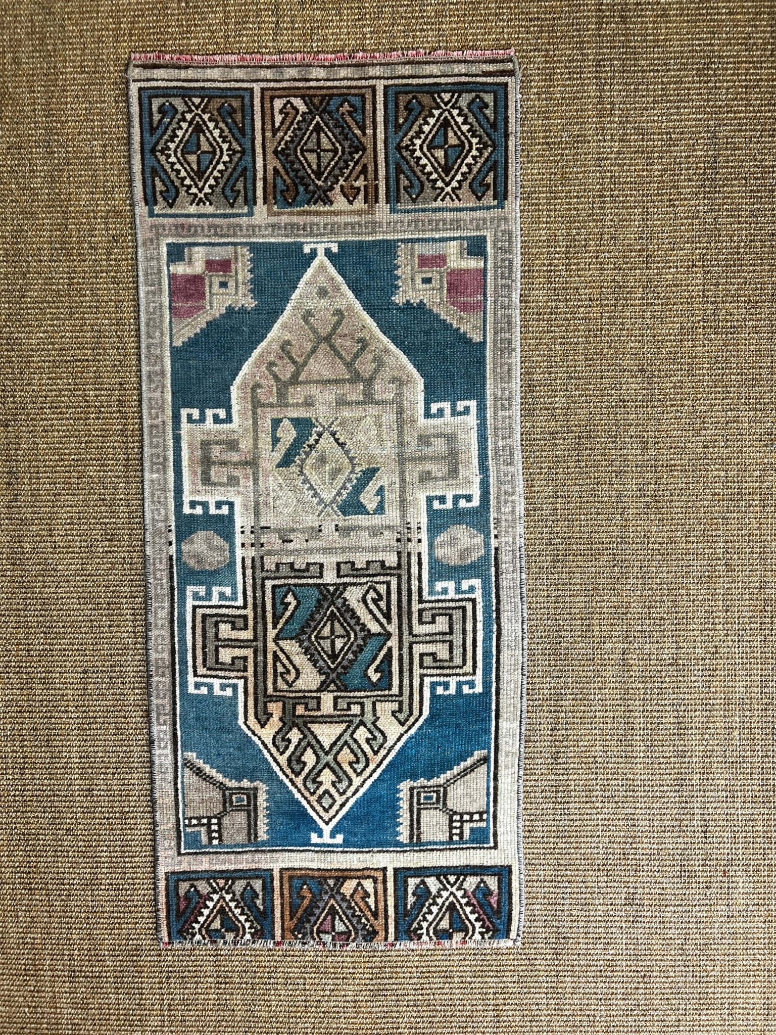 Vintage 1.6x3.5 Blue and Tan Turkish Oushak Small Rug | Banana Manor Rug Factory Outlet