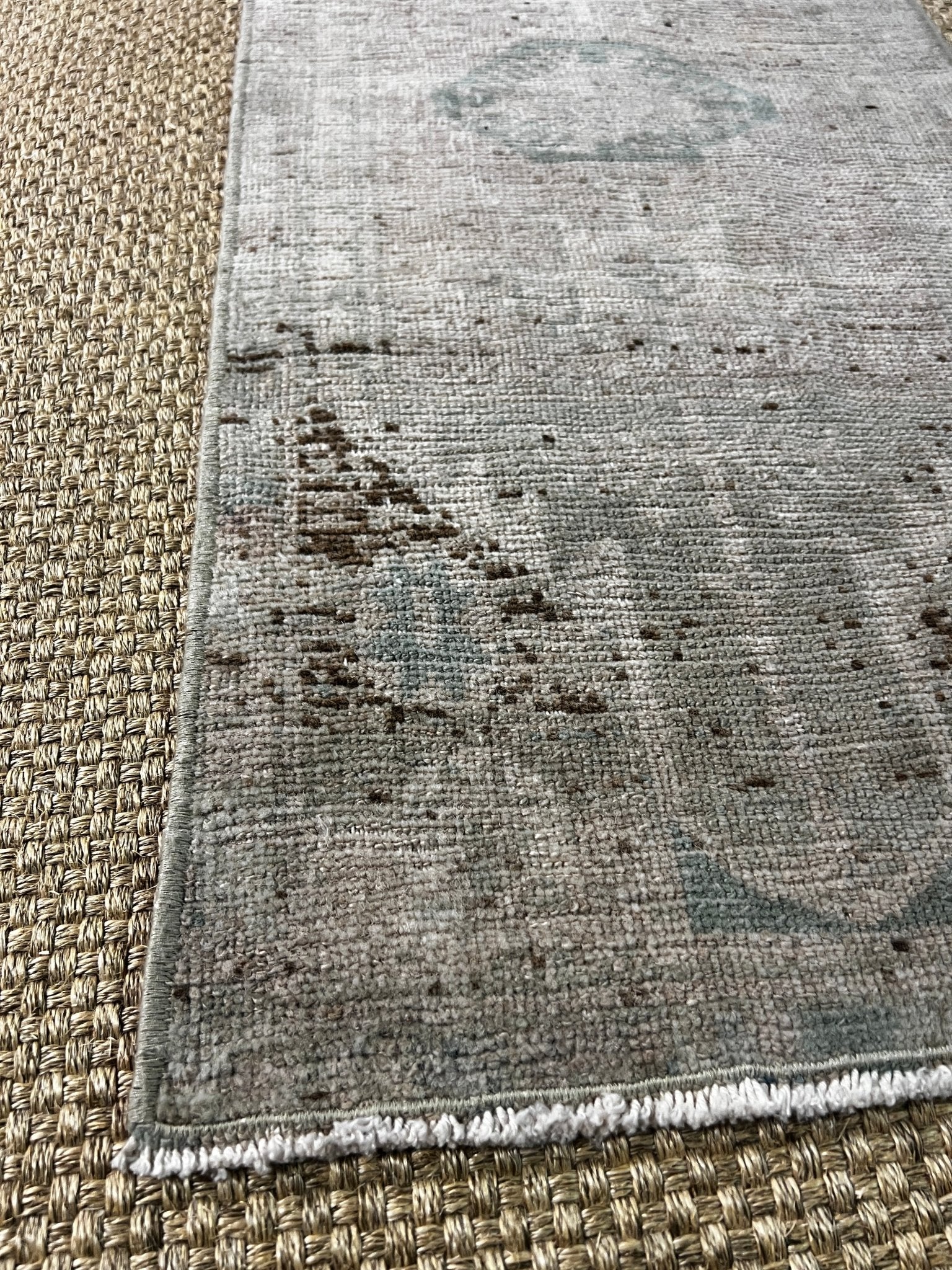 Vintage 1.6x3.6 Turkish Oushak Beige and Aqua Small Rug | Banana Manor Rug Factory Outlet