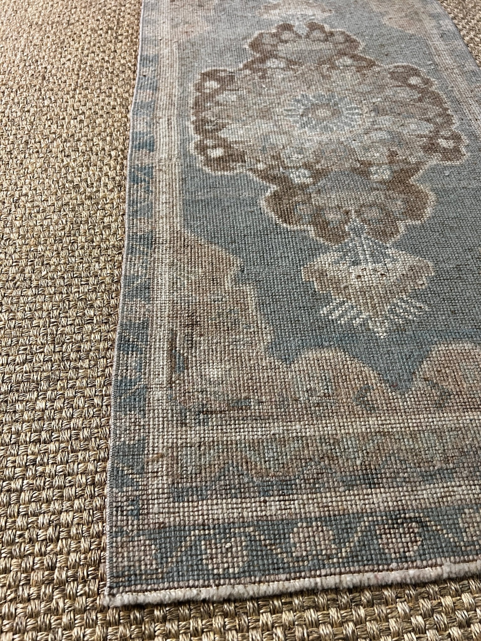 Vintage 1.7x3.6 Turkish Oushak Light Blue and Beige Small Rug | Banana Manor Rug Factory Outlet