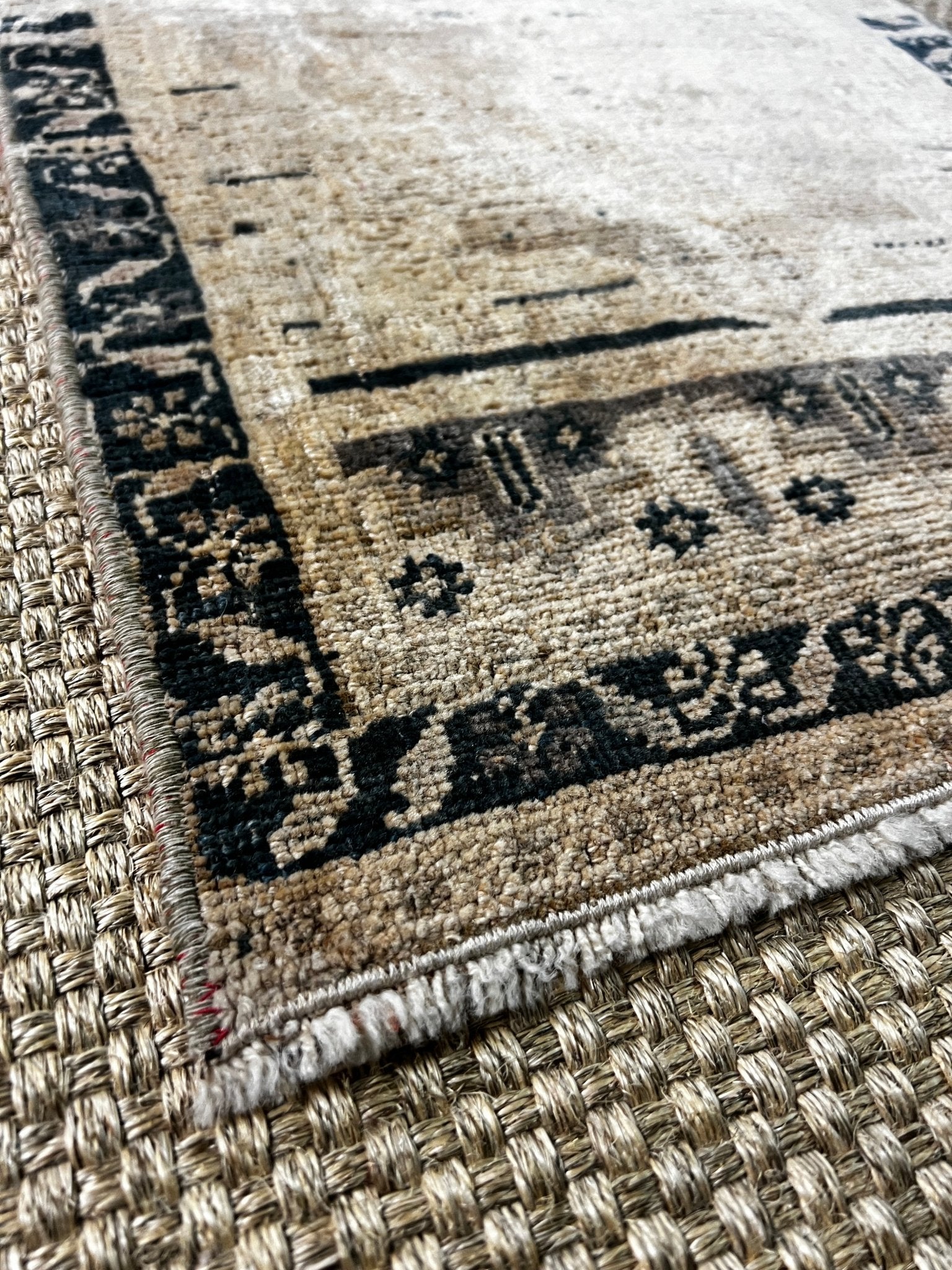 Vintage 1.7x3.7 Turkish Oushak Tan and Black Small Rug | Banana Manor Rug Factory Outlet